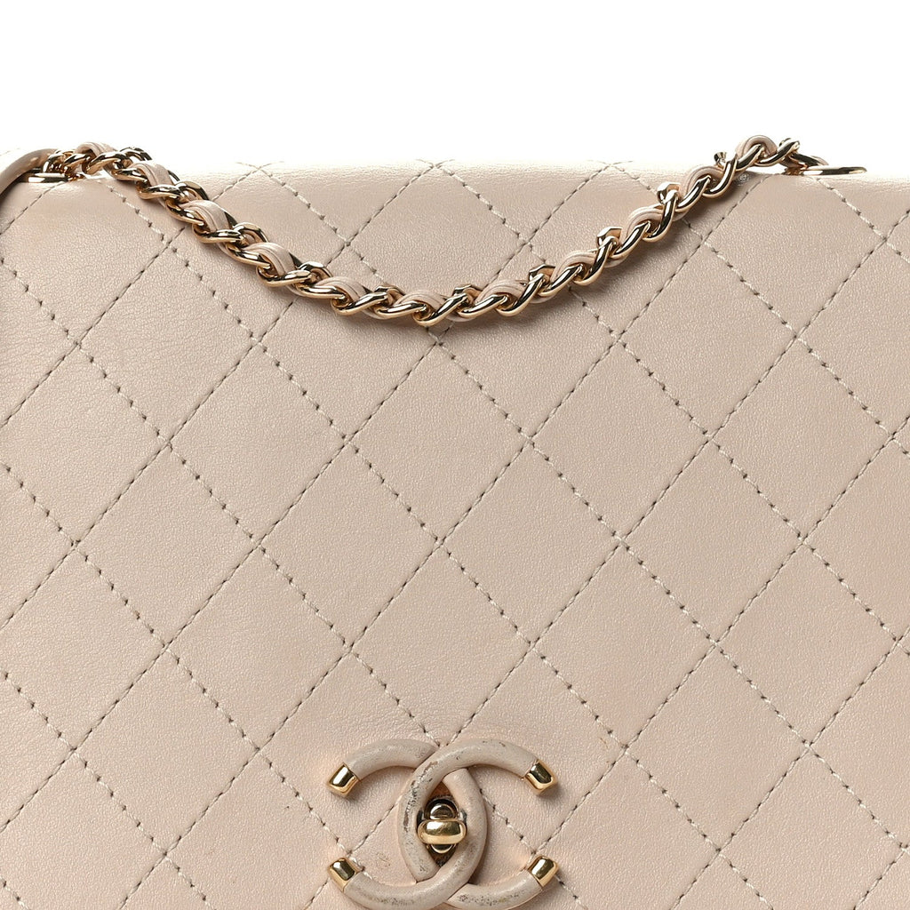 Calfskin Stitched Medium Covered CC Flap Bag Beige