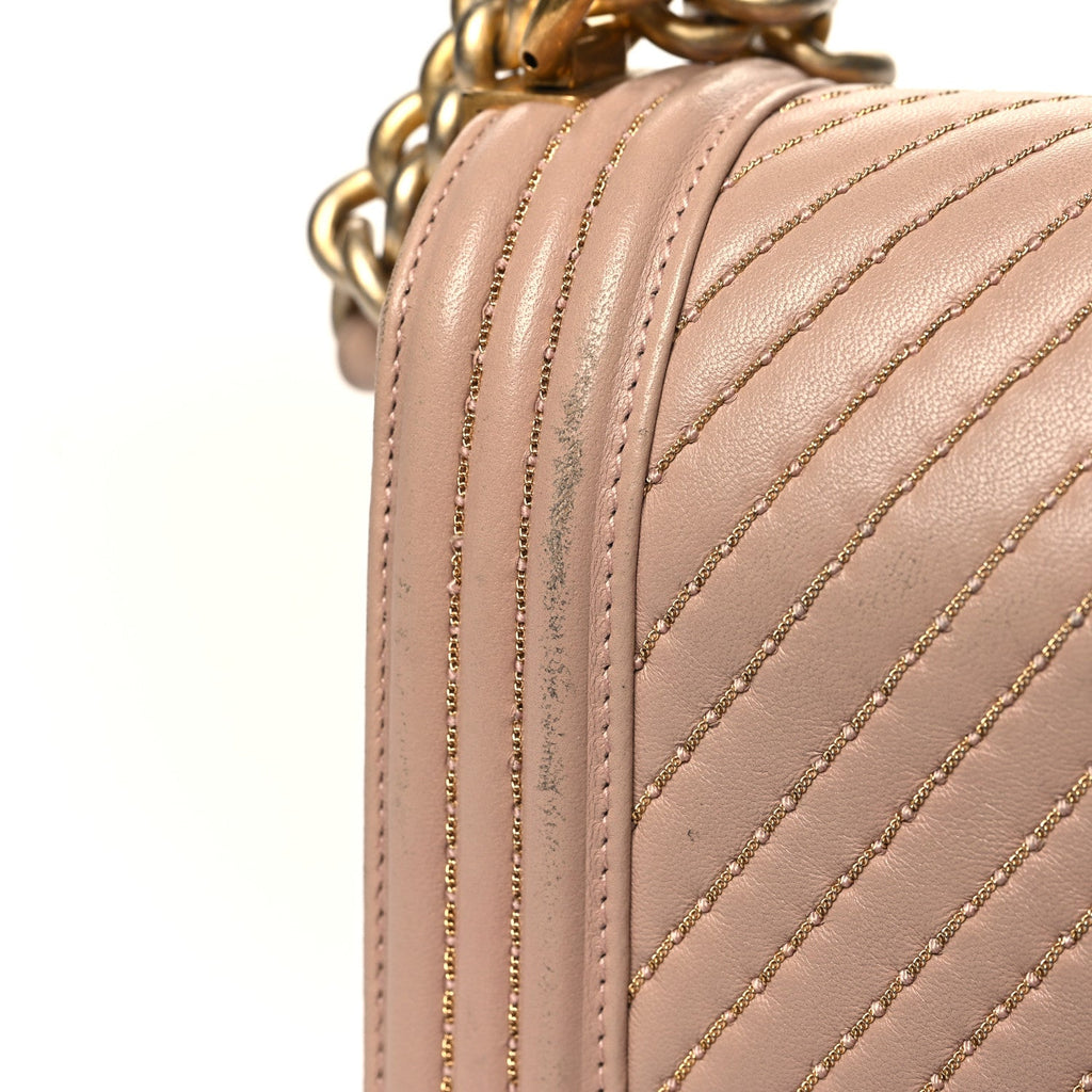 Lambskin Chevron Chain Stitched Medium Boy Flap Beige