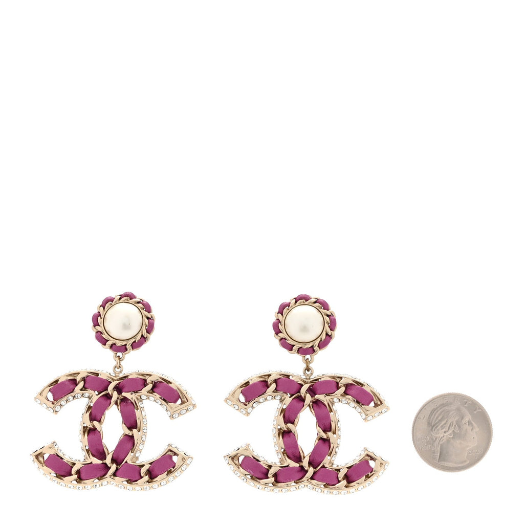Pearl Lambskin Crystal Chain CC Drop Earrings Pink