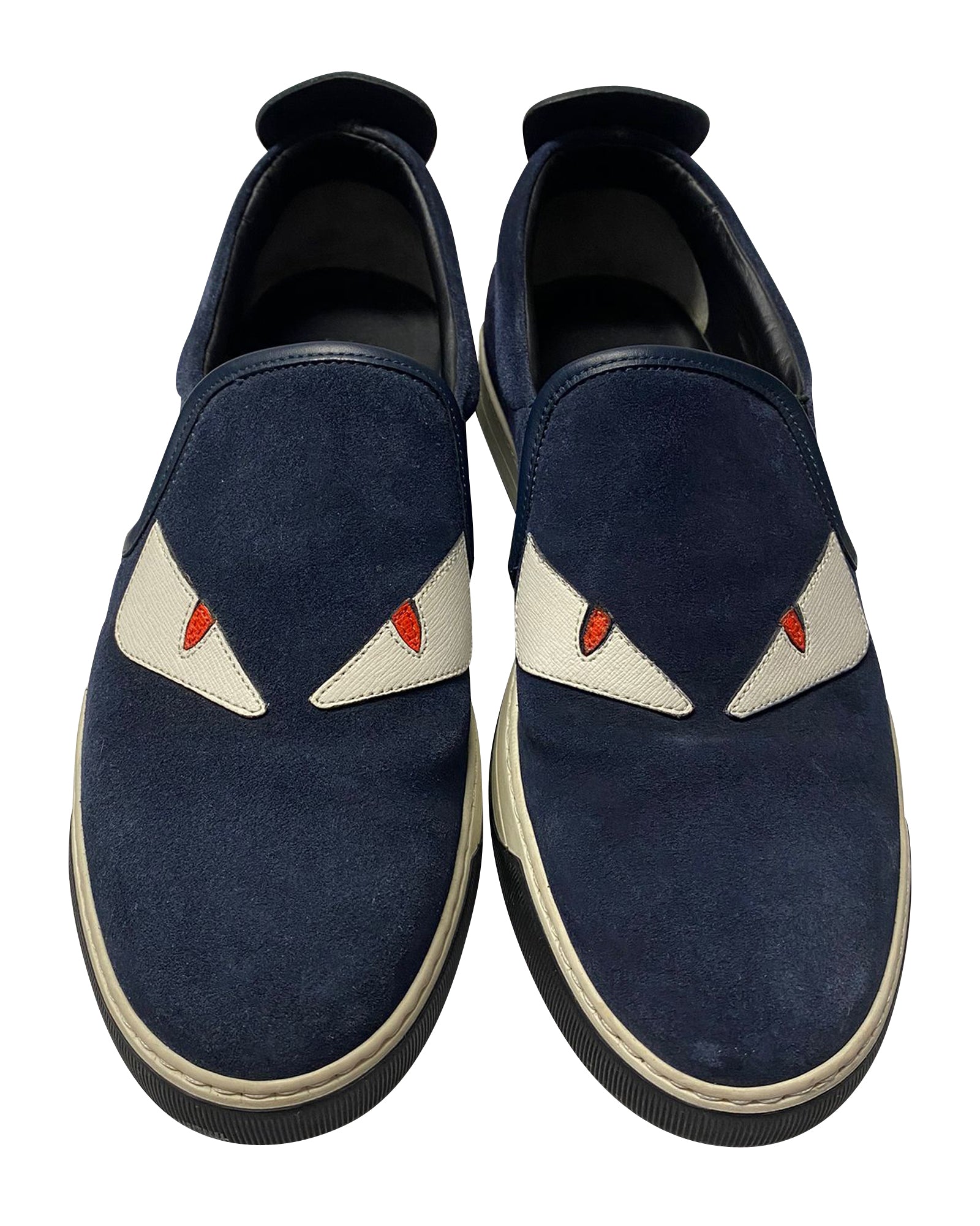 Women's Fendi Monster 3D Eyes Slip-On Sneakers in Navy Blue Suede