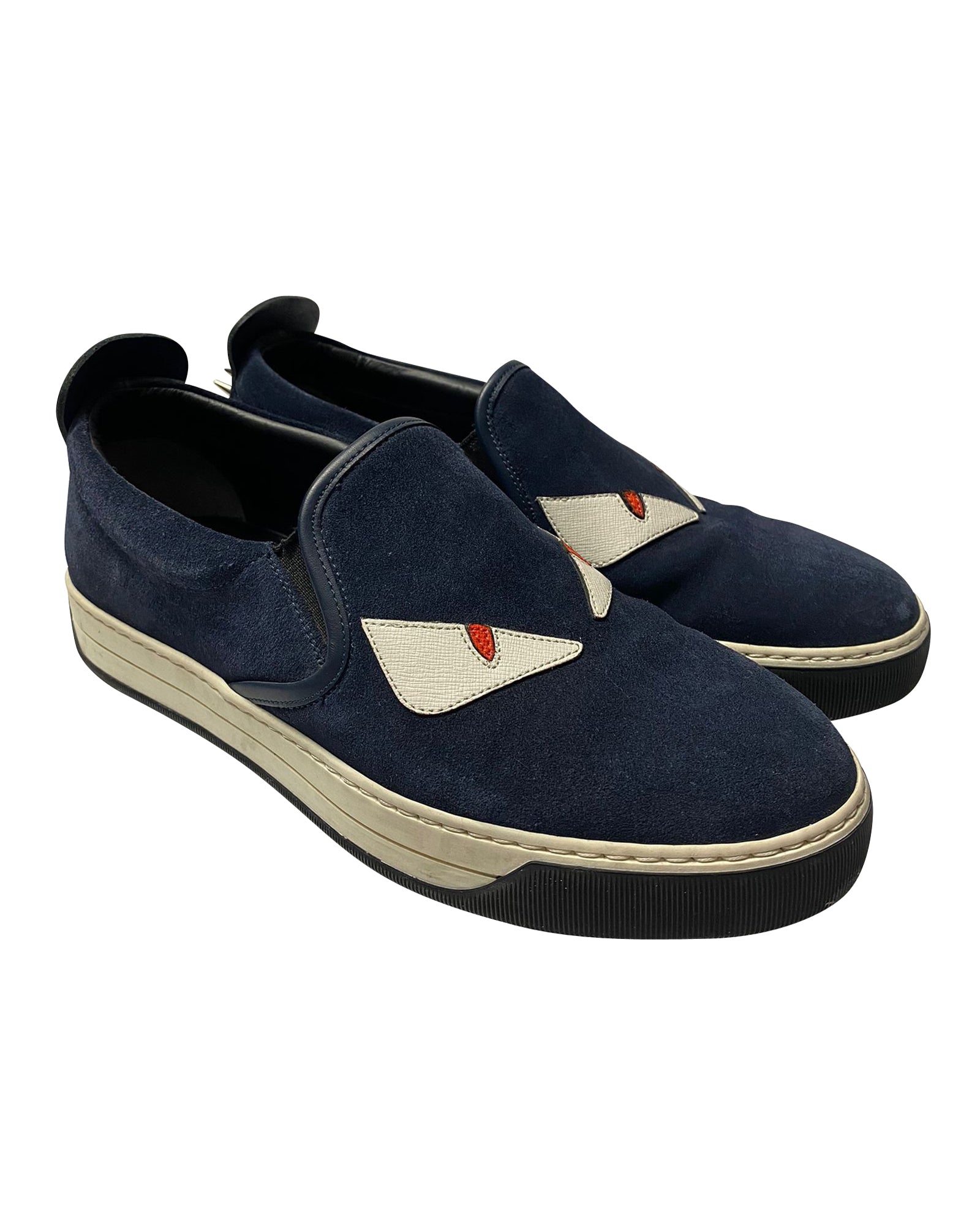 Women's Fendi Monster 3D Eyes Slip-On Sneakers in Navy Blue Suede