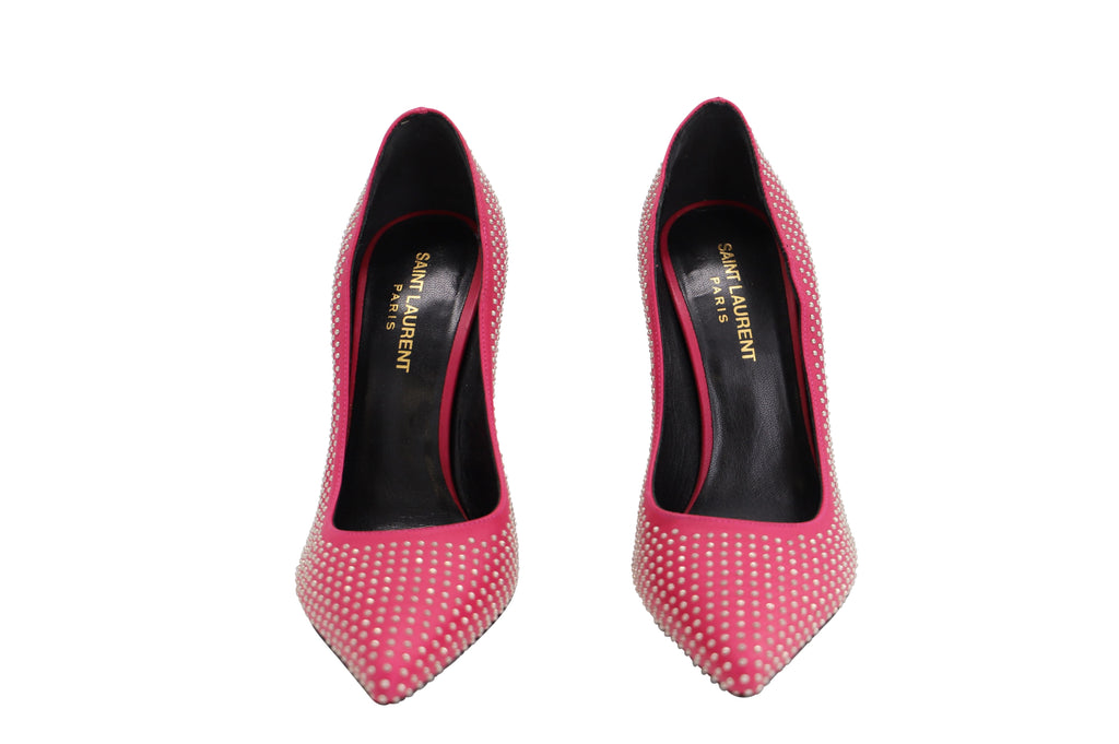 Saint Laurent Studded Pointed Toe Pumps in Pink Leather