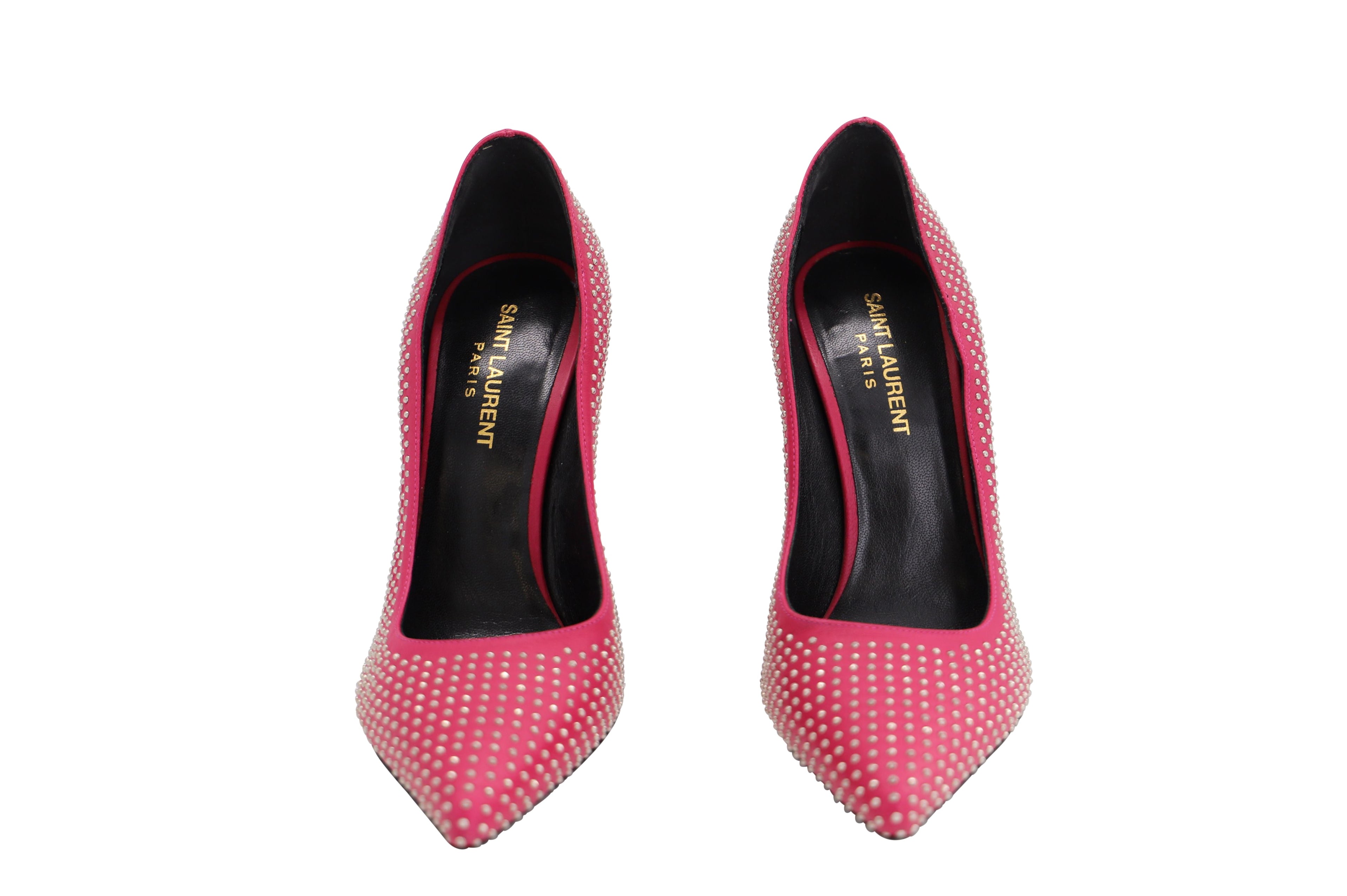 Saint Laurent Studded Pointed Toe Pumps in Pink Leather