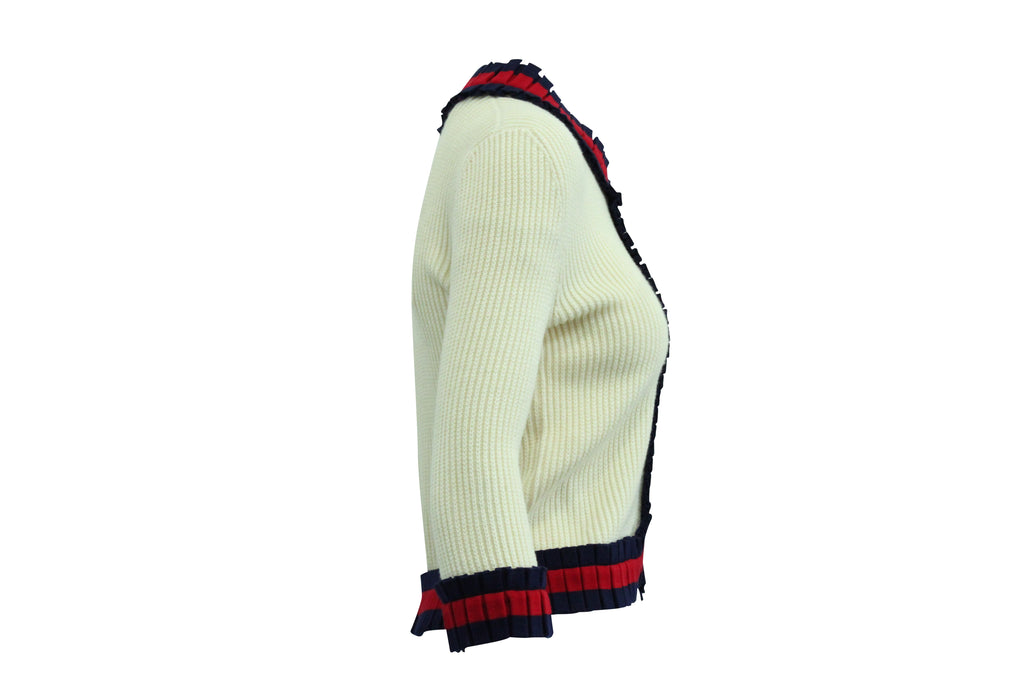 Gucci Knitted Web-Trim Jacket in Beige Wool