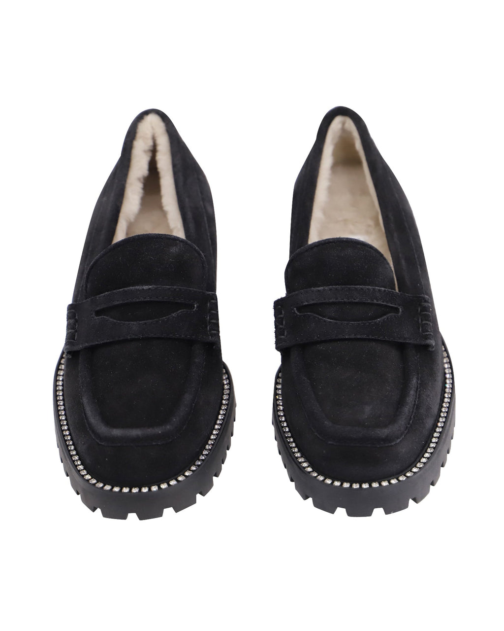 Women's Jimmy Choo Deanna Crystal-Embellished Shearling-Lined Loafers in Black Suede