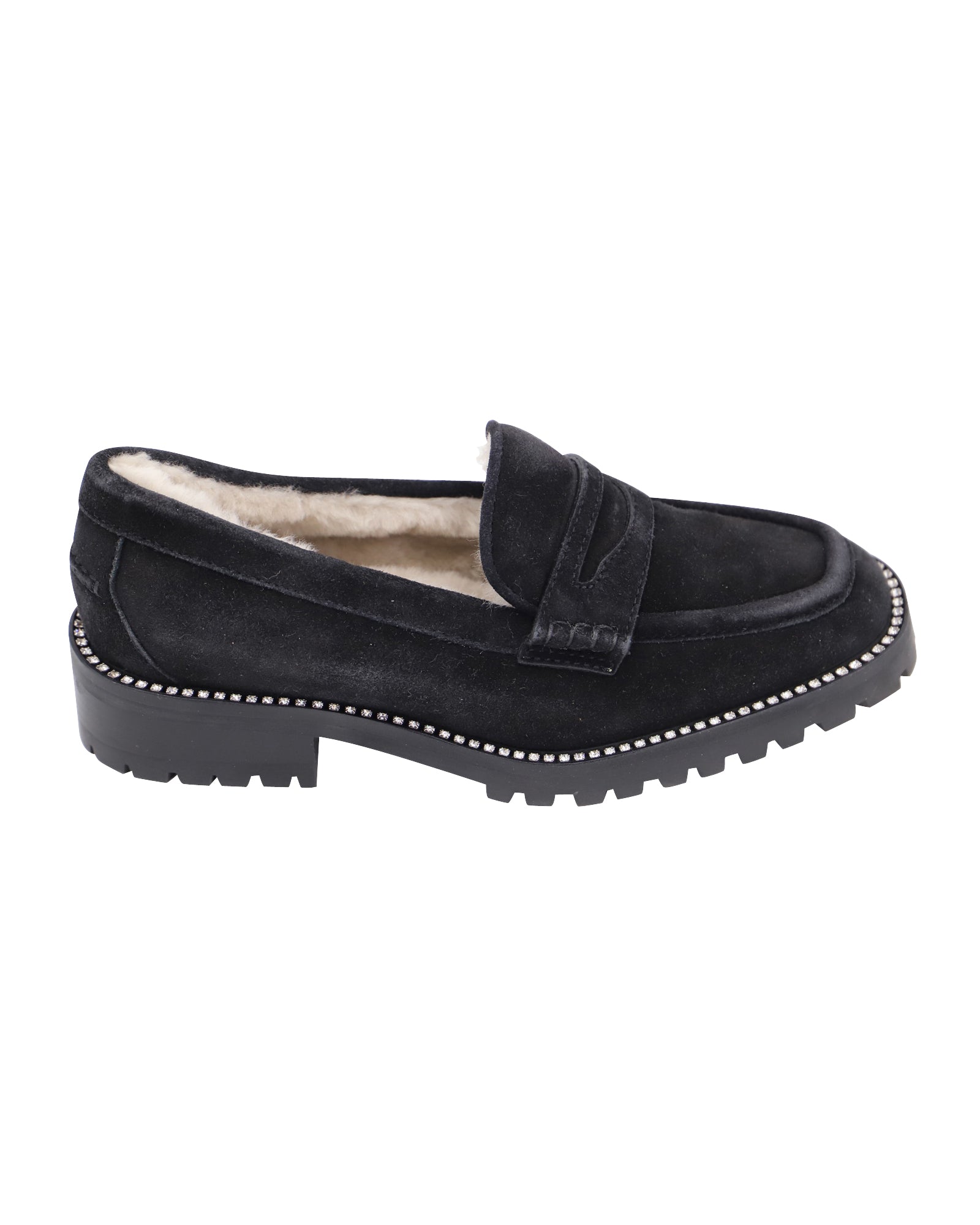 Women's Jimmy Choo Deanna Crystal-Embellished Shearling-Lined Loafers in Black Suede