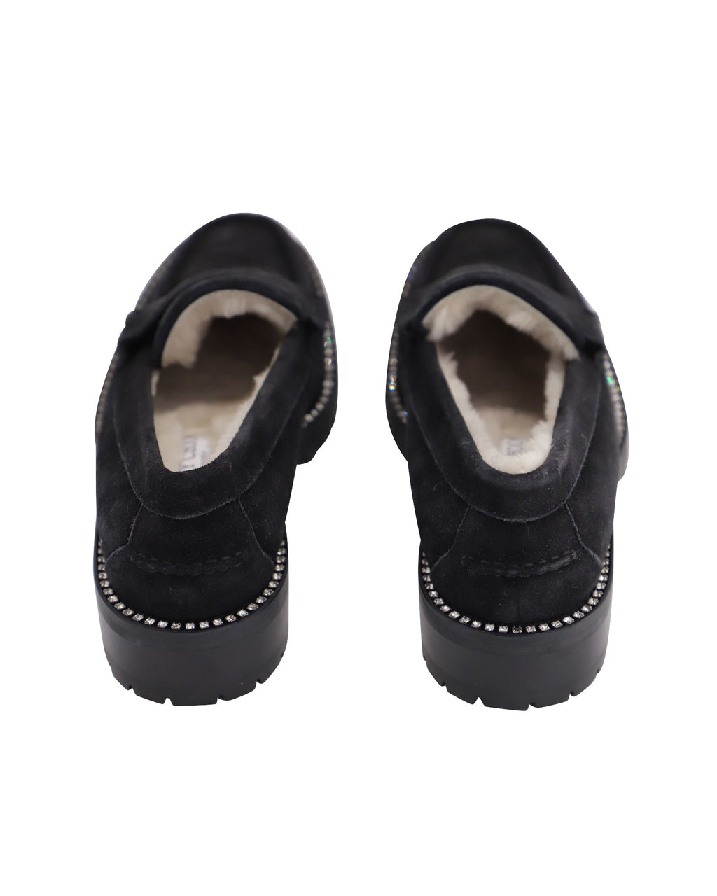 Women's Jimmy Choo Deanna Crystal-Embellished Shearling-Lined Loafers in Black Suede