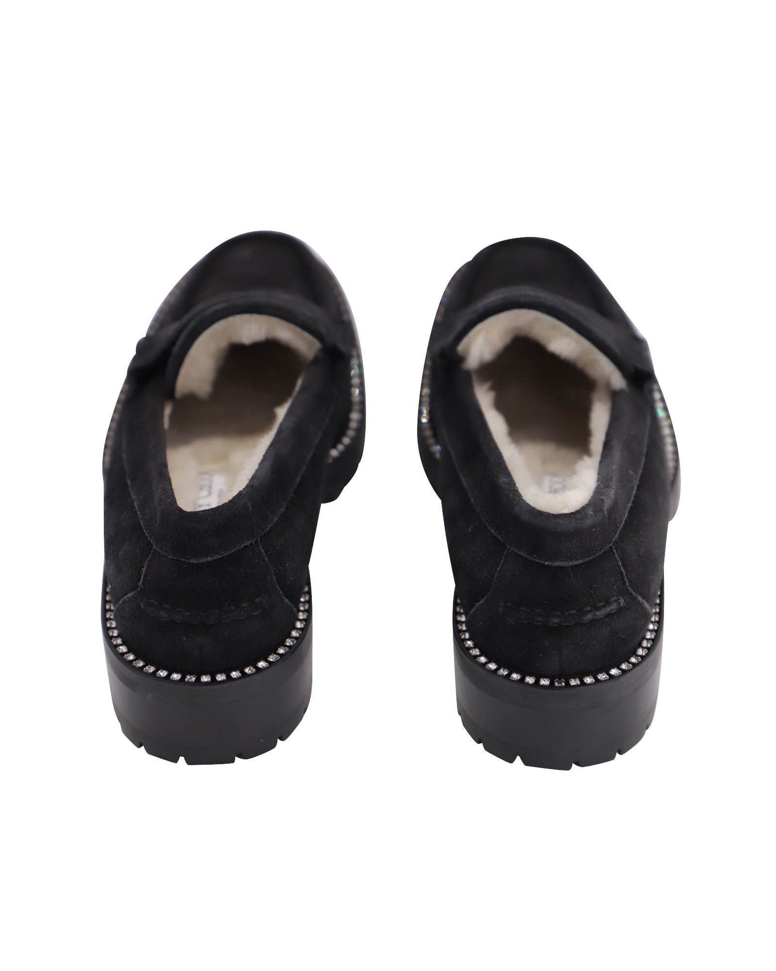 Women's Jimmy Choo Deanna Crystal-Embellished Shearling-Lined Loafers in Black Suede