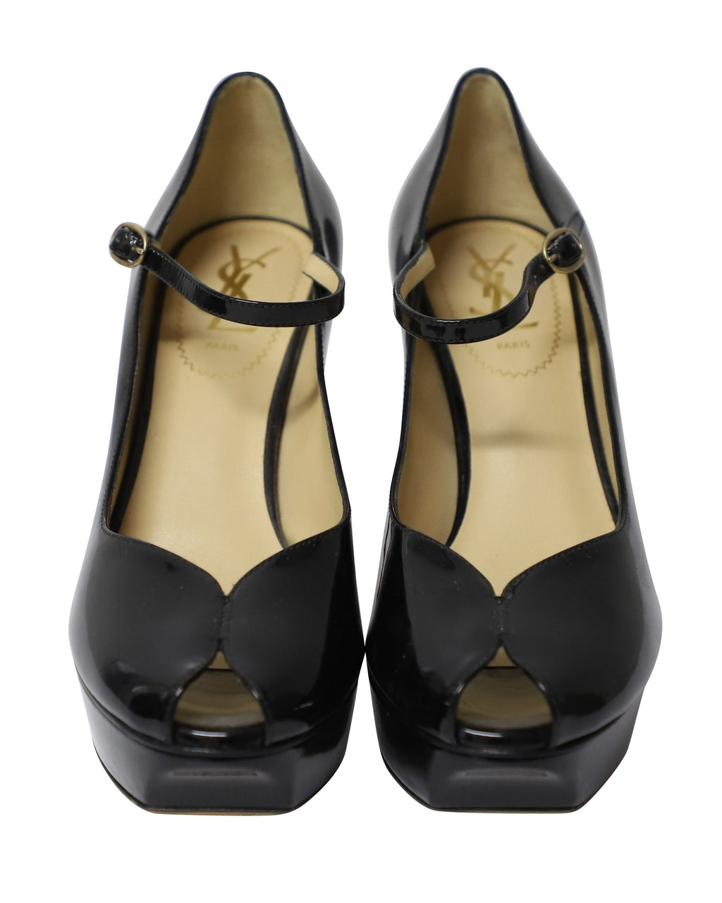 Yves Saint Laurent Peep Toe Platform Mary Jane Pumps in Black Patent Leather