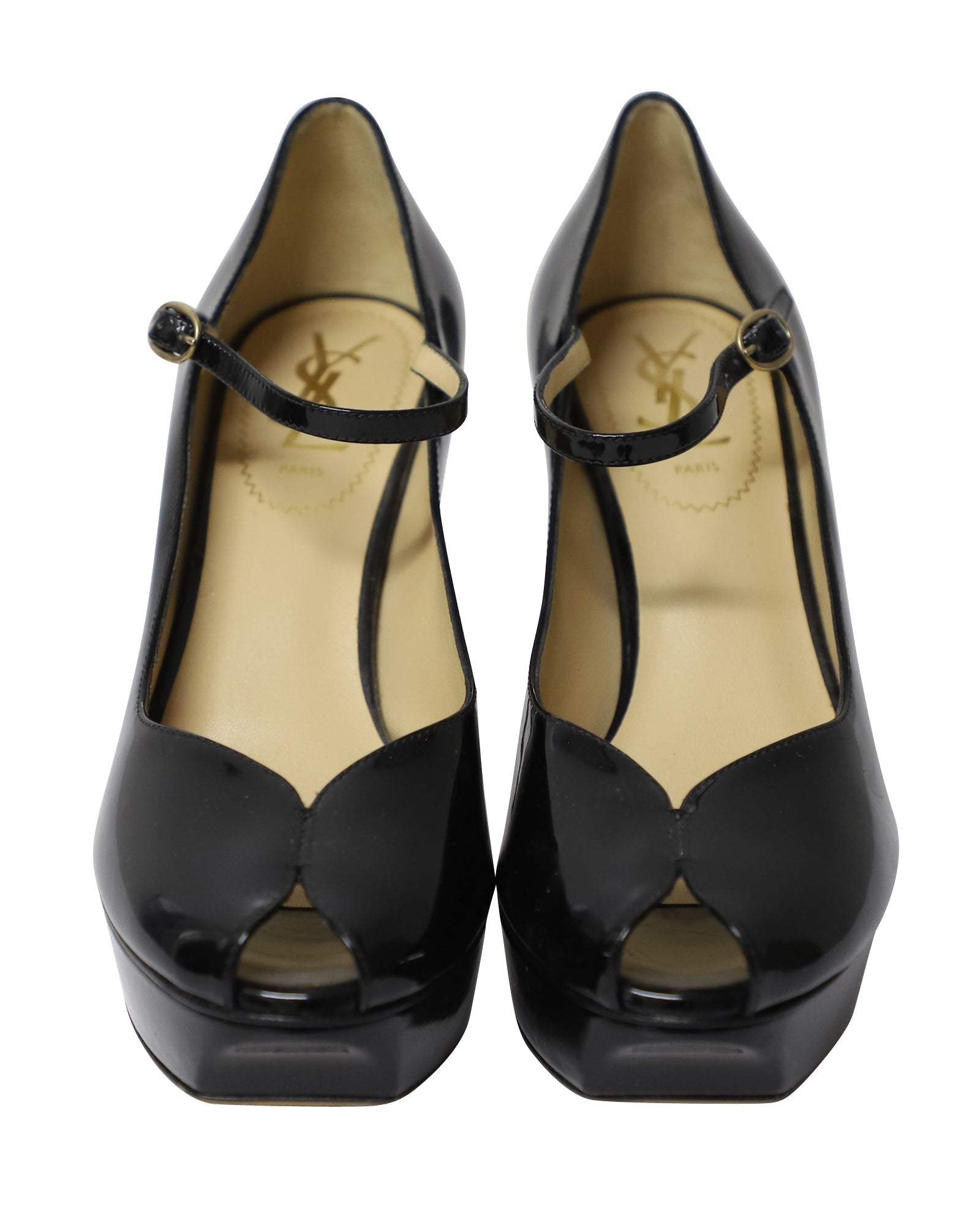 Yves Saint Laurent Peep Toe Platform Mary Jane Pumps in Black Patent Leather
