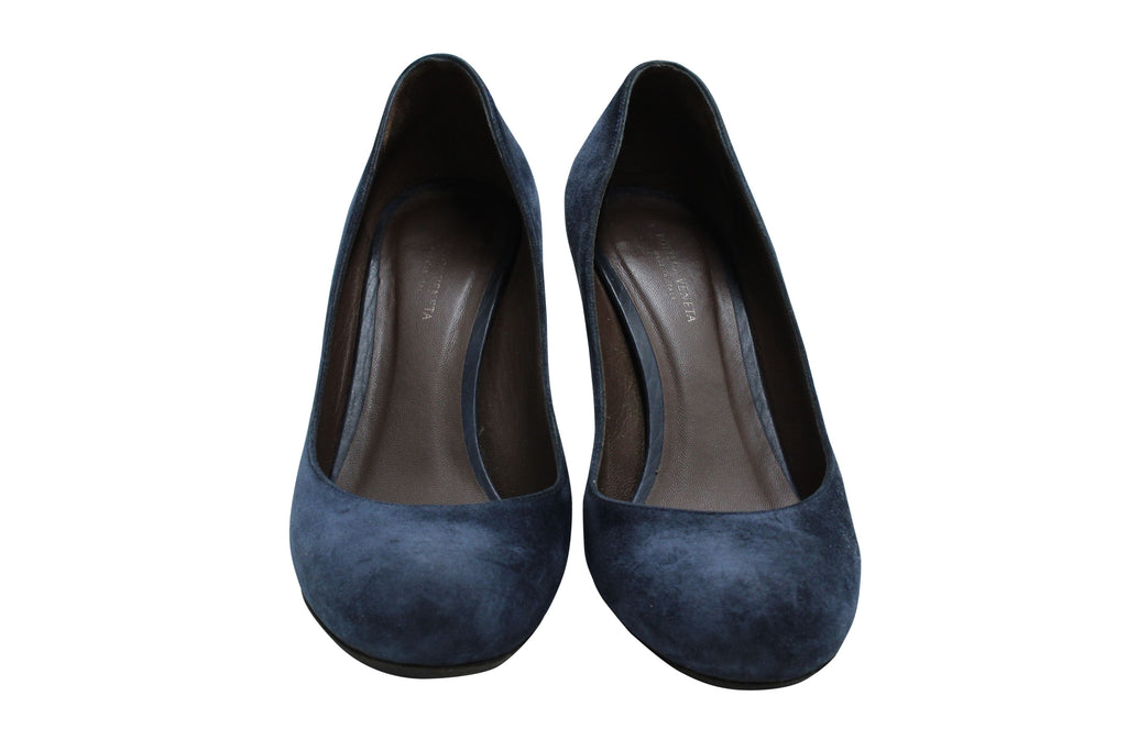 Women's Bottega Veneta Round Toe Wedge in Navy Blue Suede