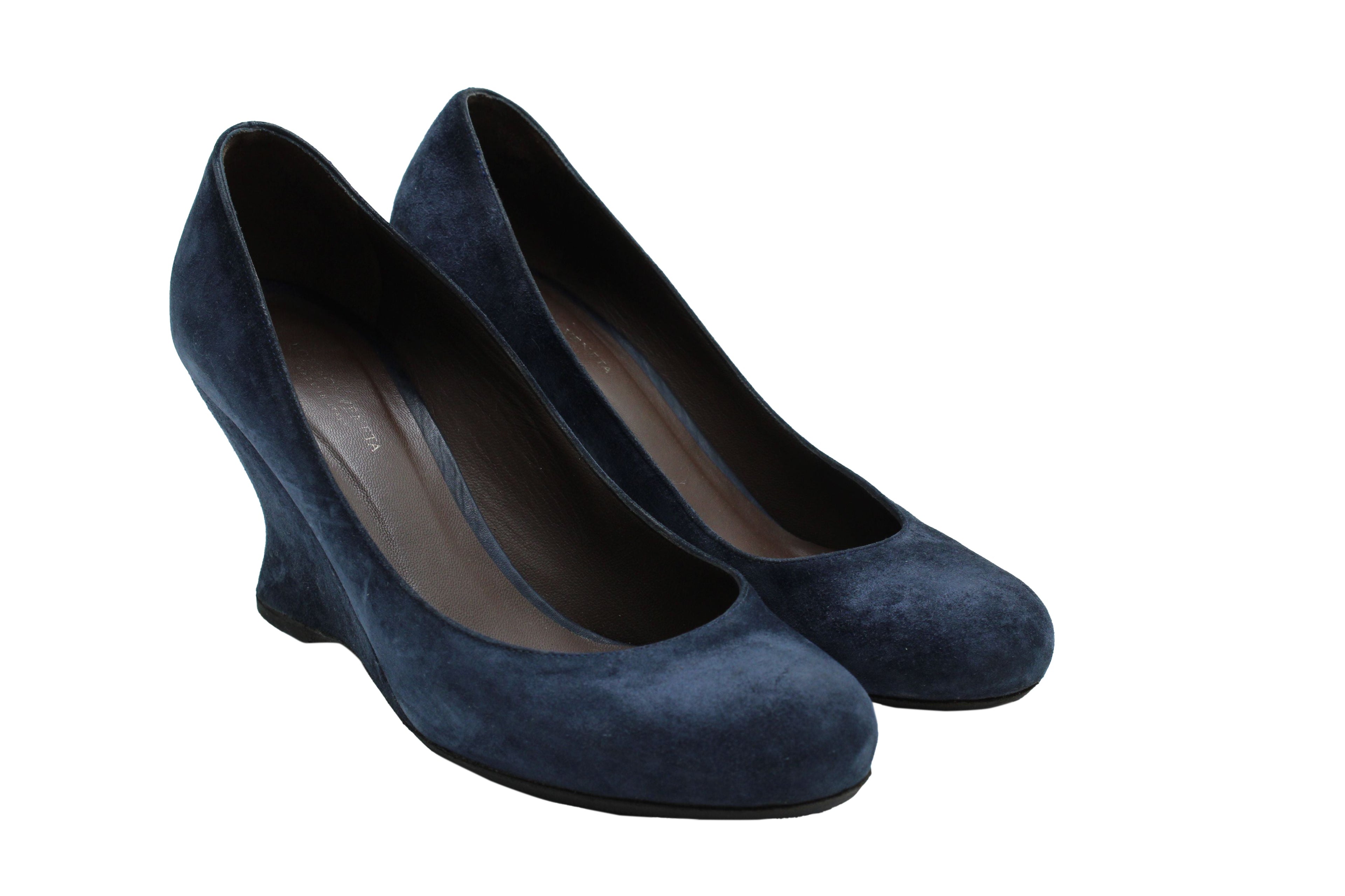 Women's Bottega Veneta Round Toe Wedge in Navy Blue Suede