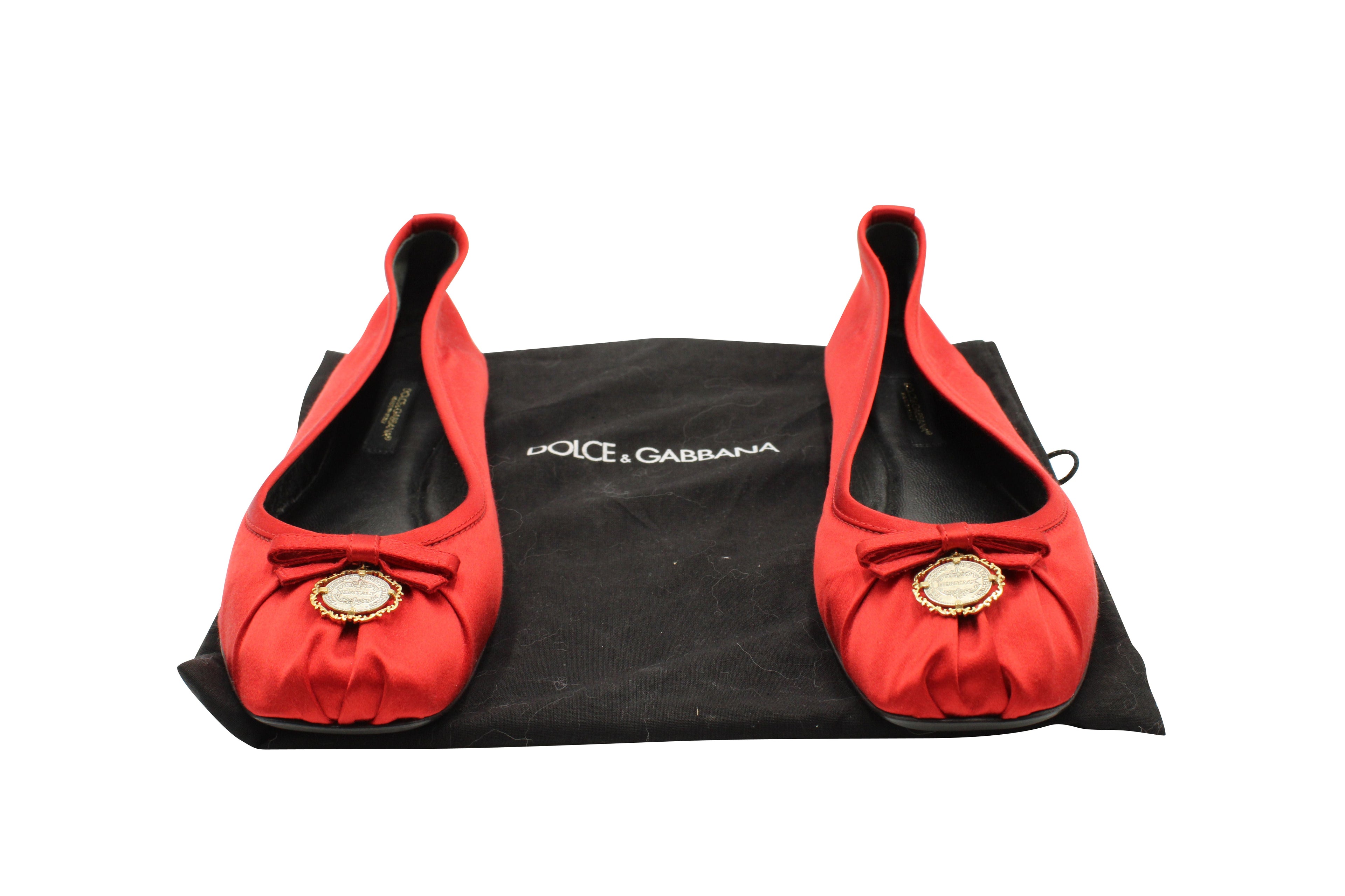 Women's Dolce & Gabbana Ballet Flats with Charm in Red Satin