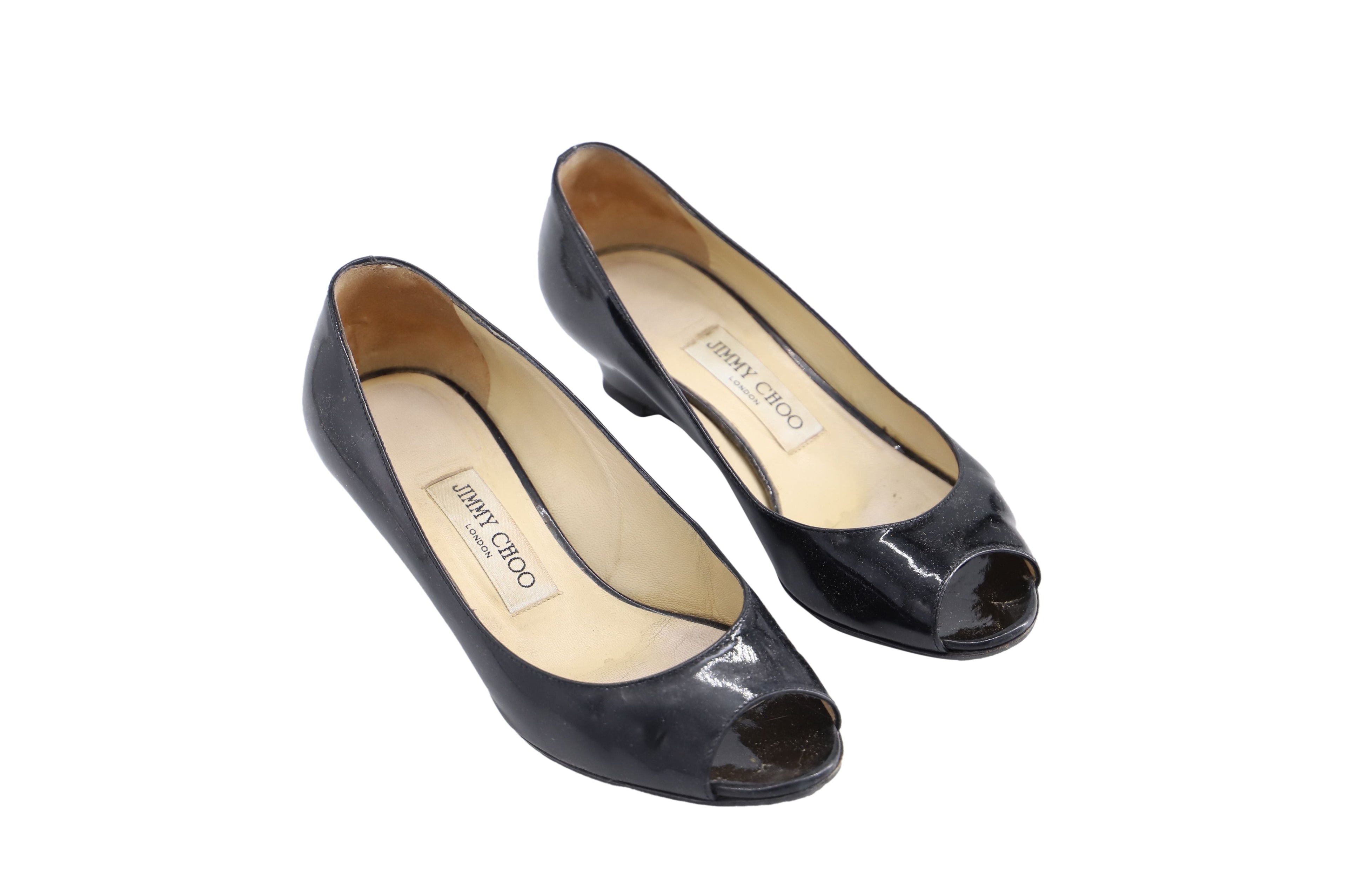Women's Jimmy Choo 'Baxen' Peep-toe Wedges in Black Patent Leather
