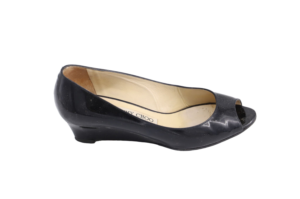 Women's Jimmy Choo 'Baxen' Peep-toe Wedges in Black Patent Leather