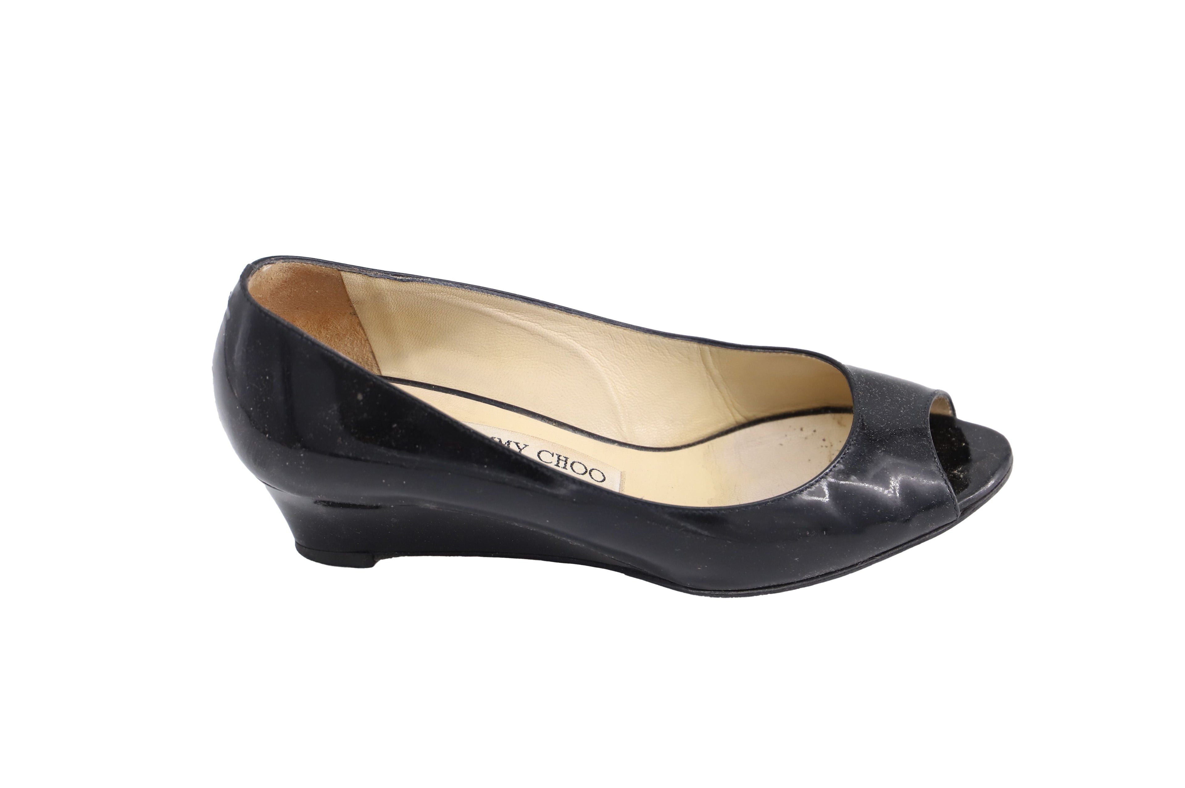 Women's Jimmy Choo 'Baxen' Peep-toe Wedges in Black Patent Leather