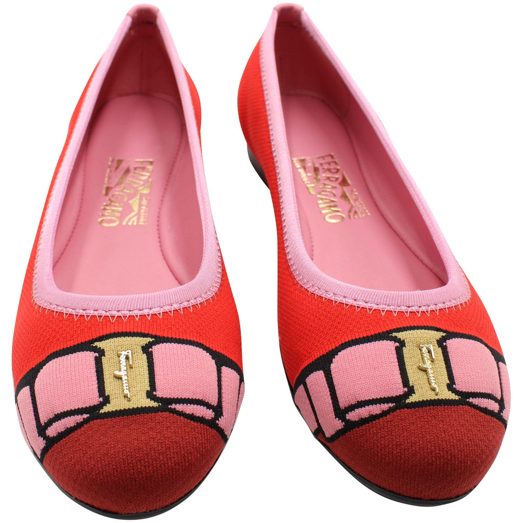 Women's Salvatore Ferragamo Varina Bow-accent Embroidery Knit Ballet Flats in Polyester