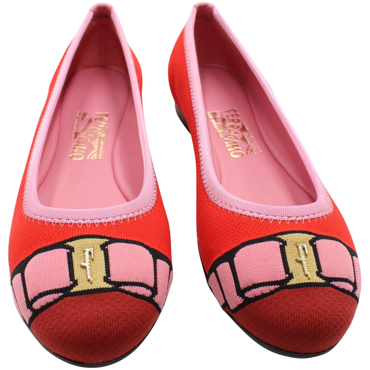 Women's Salvatore Ferragamo Varina Bow-accent Embroidery Knit Ballet Flats in Polyester