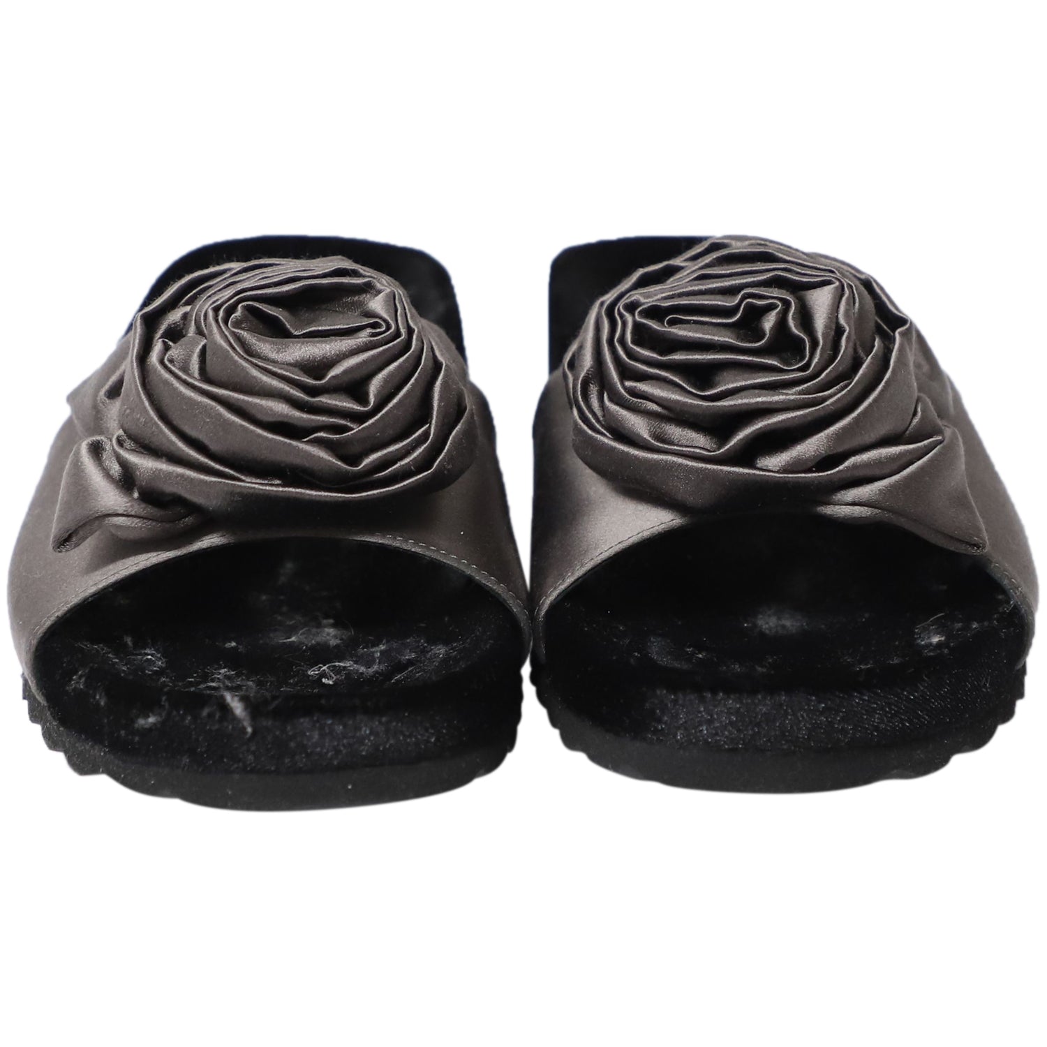 Women's Miu Miu Rose Applique Sandals in Black Satin