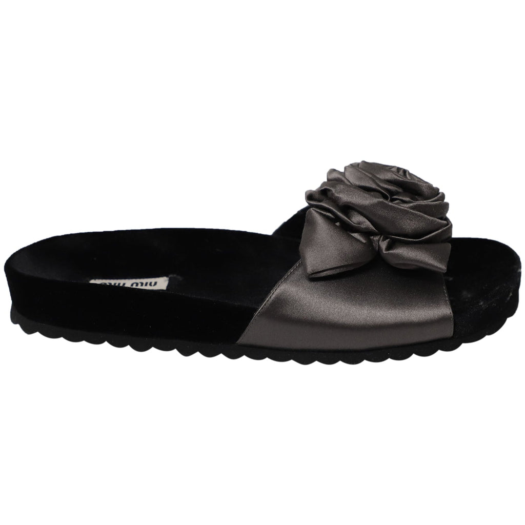 Women's Miu Miu Rose Applique Sandals in Black Satin