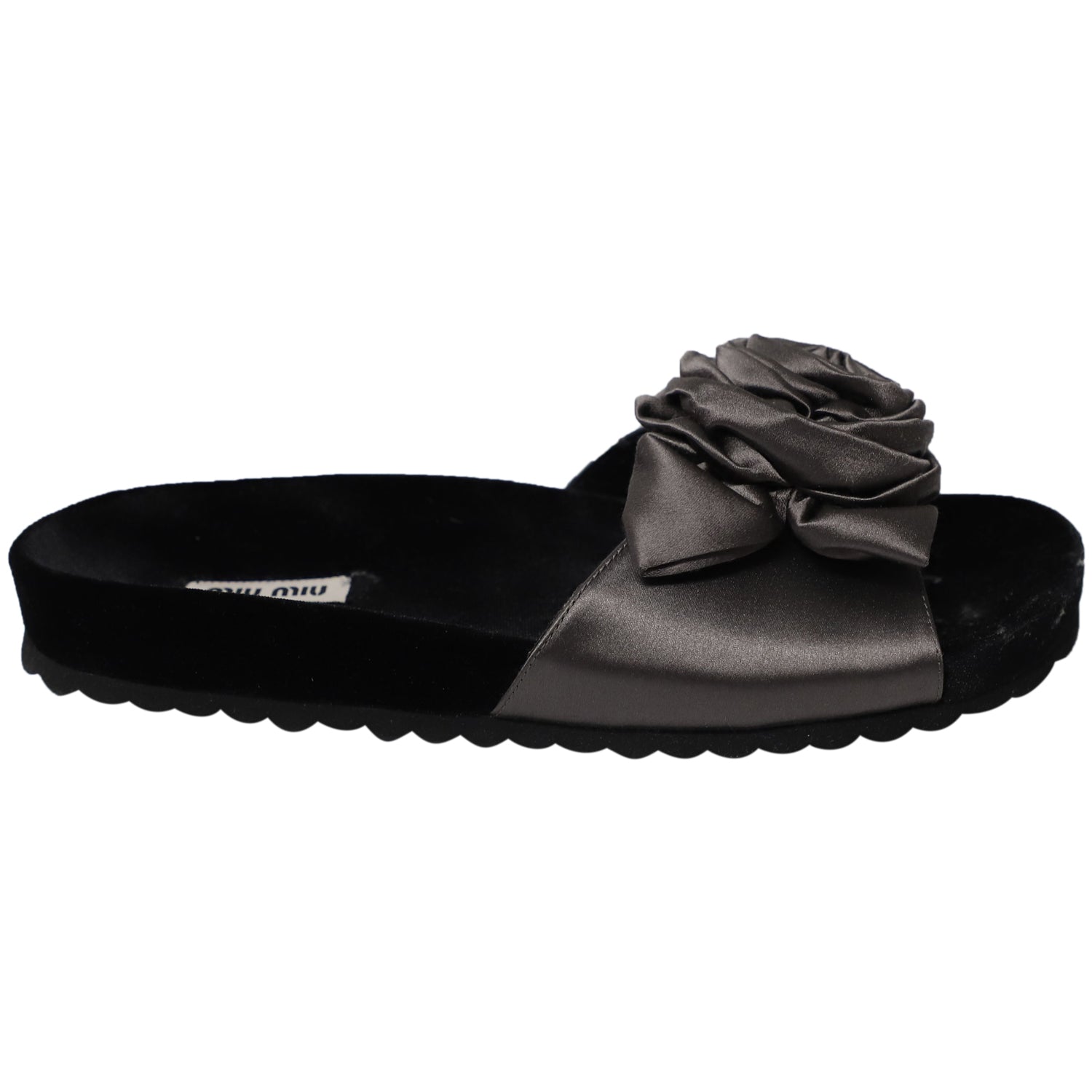 Women's Miu Miu Rose Applique Sandals in Black Satin