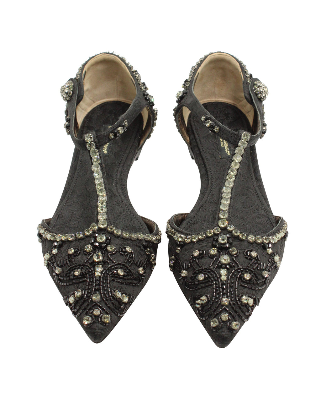 Women's Dolce & Gabbana Crystal Embellished Lace T-strap Sandals in Black  Leather