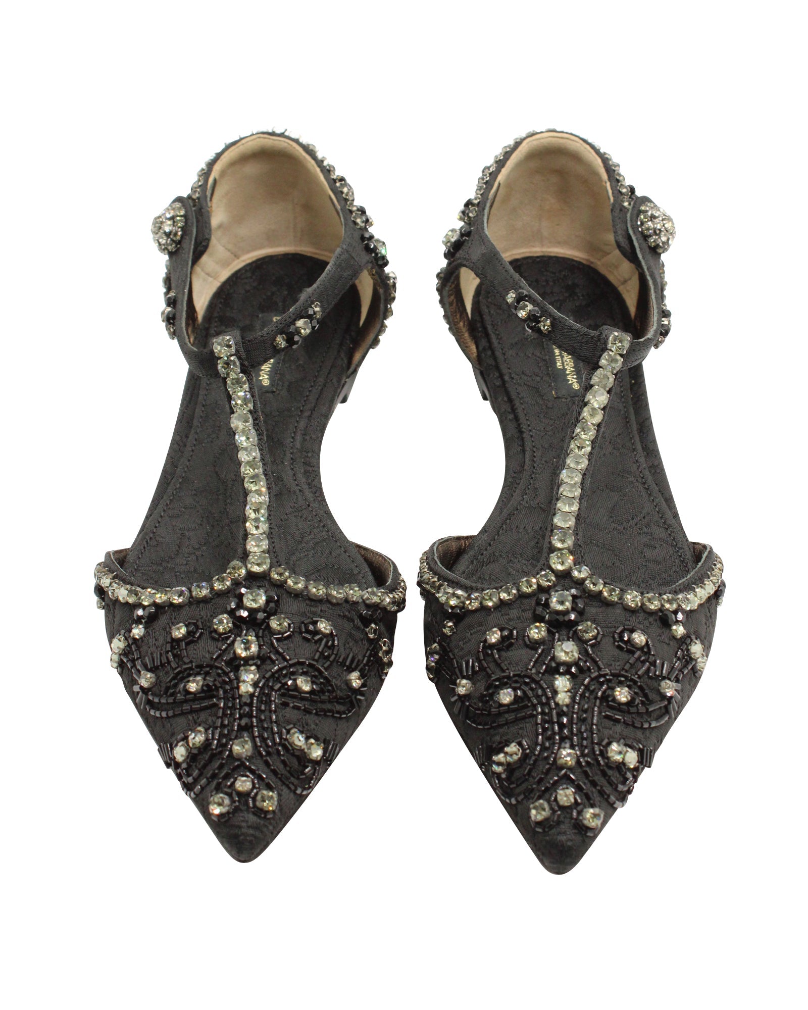 Women's Dolce & Gabbana Crystal Embellished Lace T-strap Sandals in Black  Leather