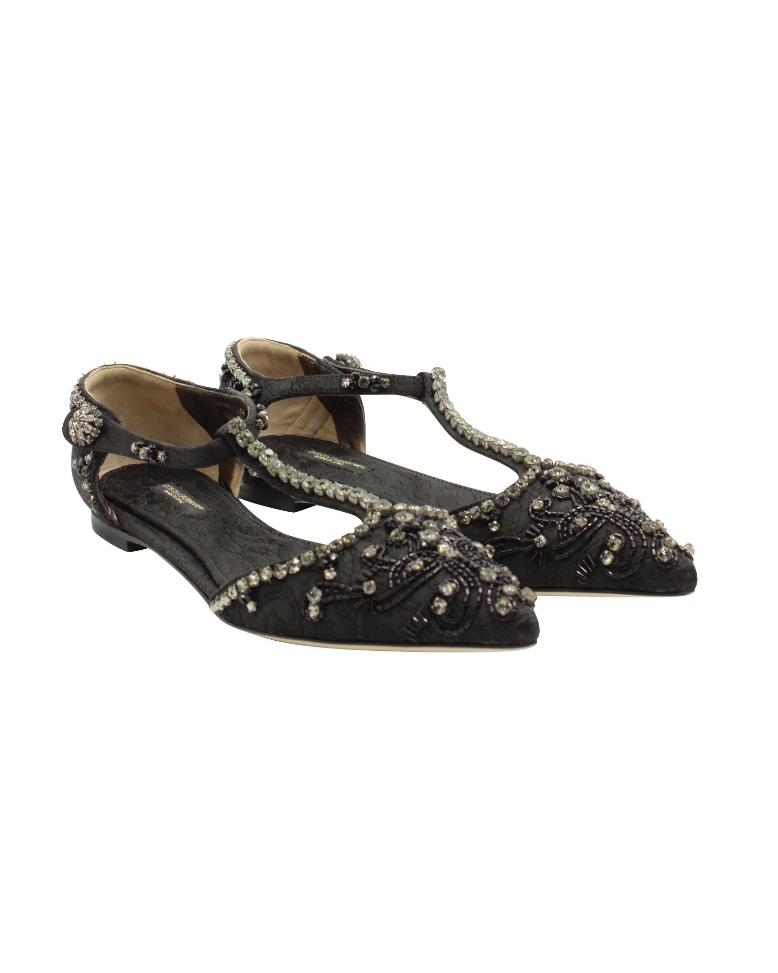 Women's Dolce & Gabbana Crystal Embellished Lace T-strap Sandals in Black  Leather