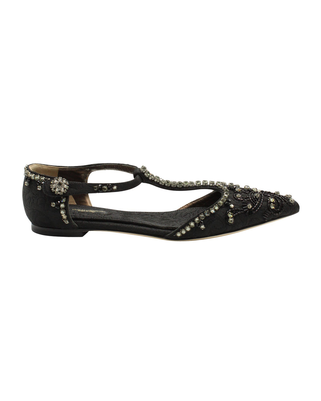 Women's Dolce & Gabbana Crystal Embellished Lace T-strap Sandals in Black  Leather