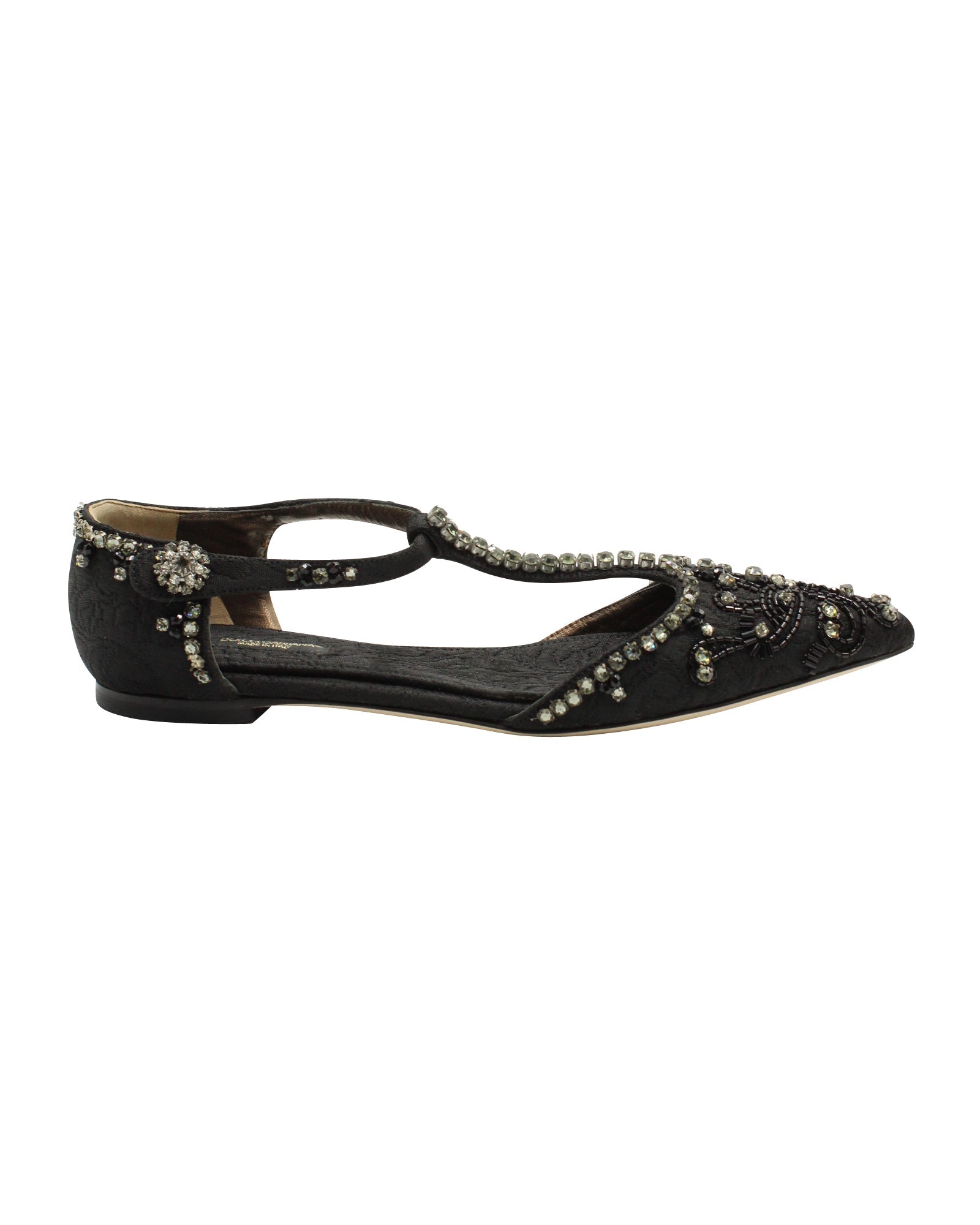 Women's Dolce & Gabbana Crystal Embellished Lace T-strap Sandals in Black  Leather