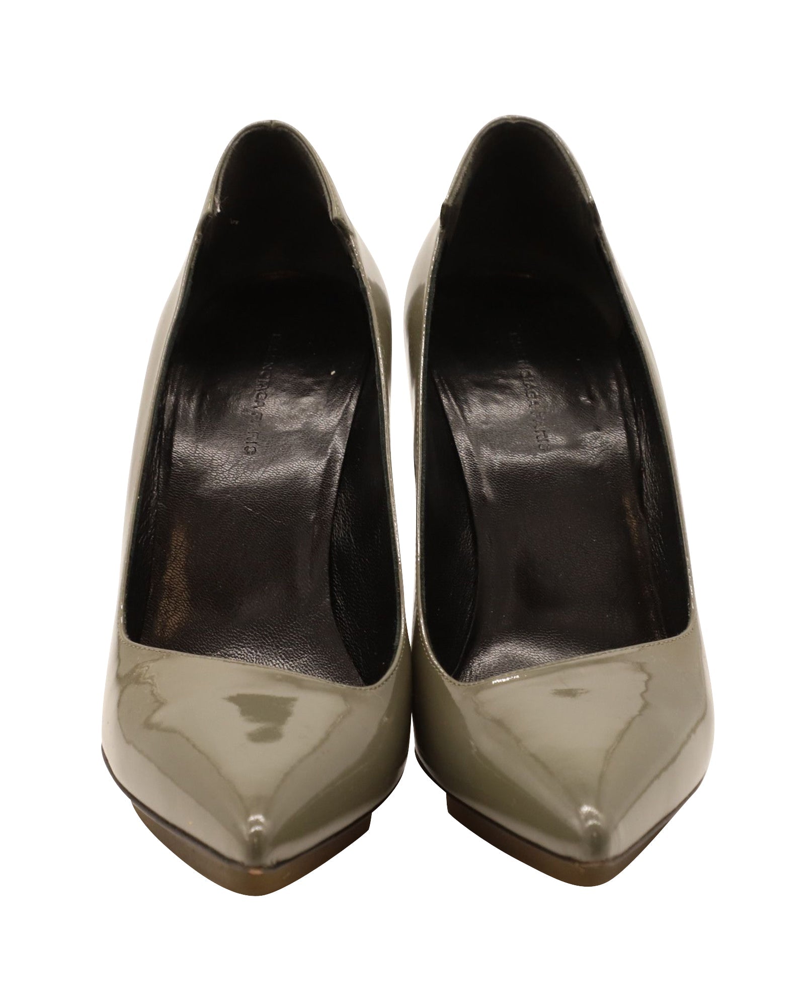 Balenciaga Point Toe Pumps in Gray Patent Leather