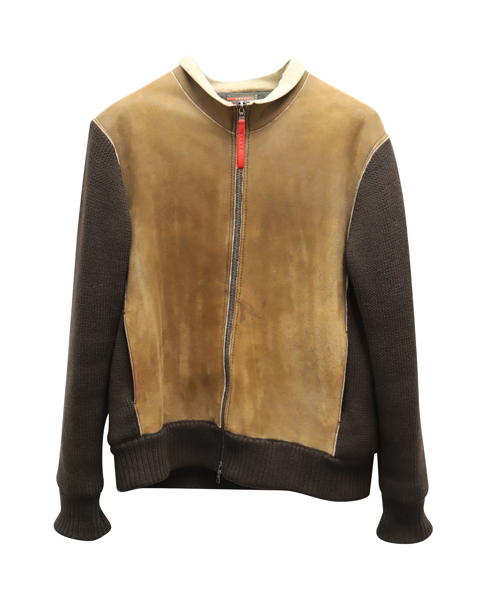 Prada Shearling Trim Bomber Jacket in Brown Suede