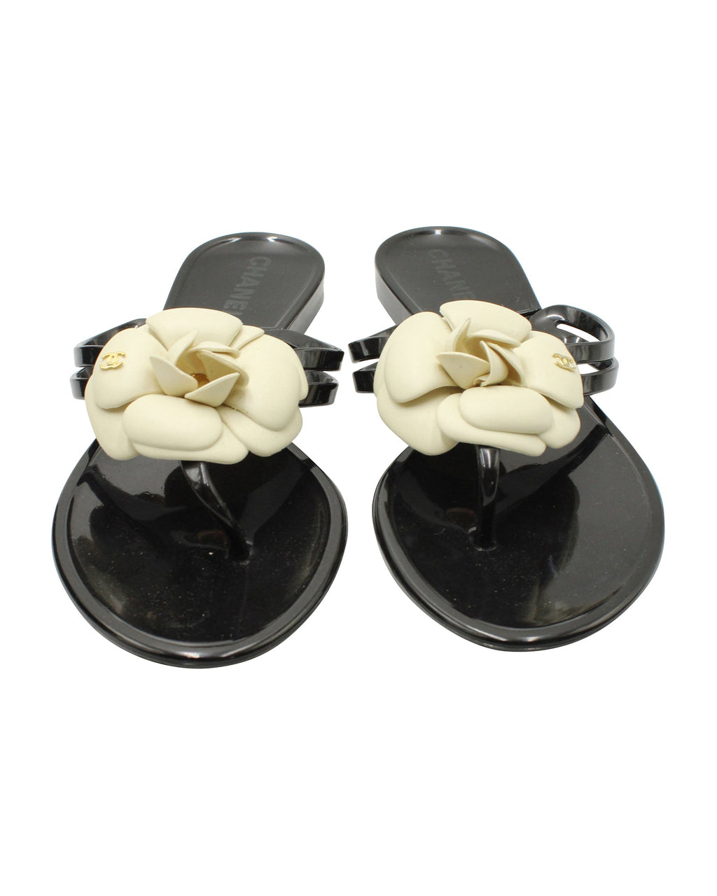Women's Chanel Camelia Thong Slides in Black Jelly PVC