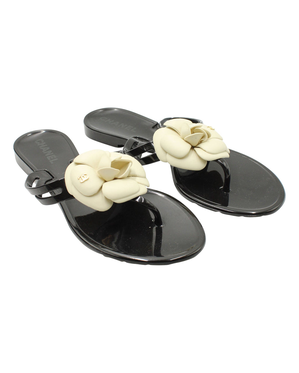 Women's Chanel Camelia Thong Slides in Black Jelly PVC