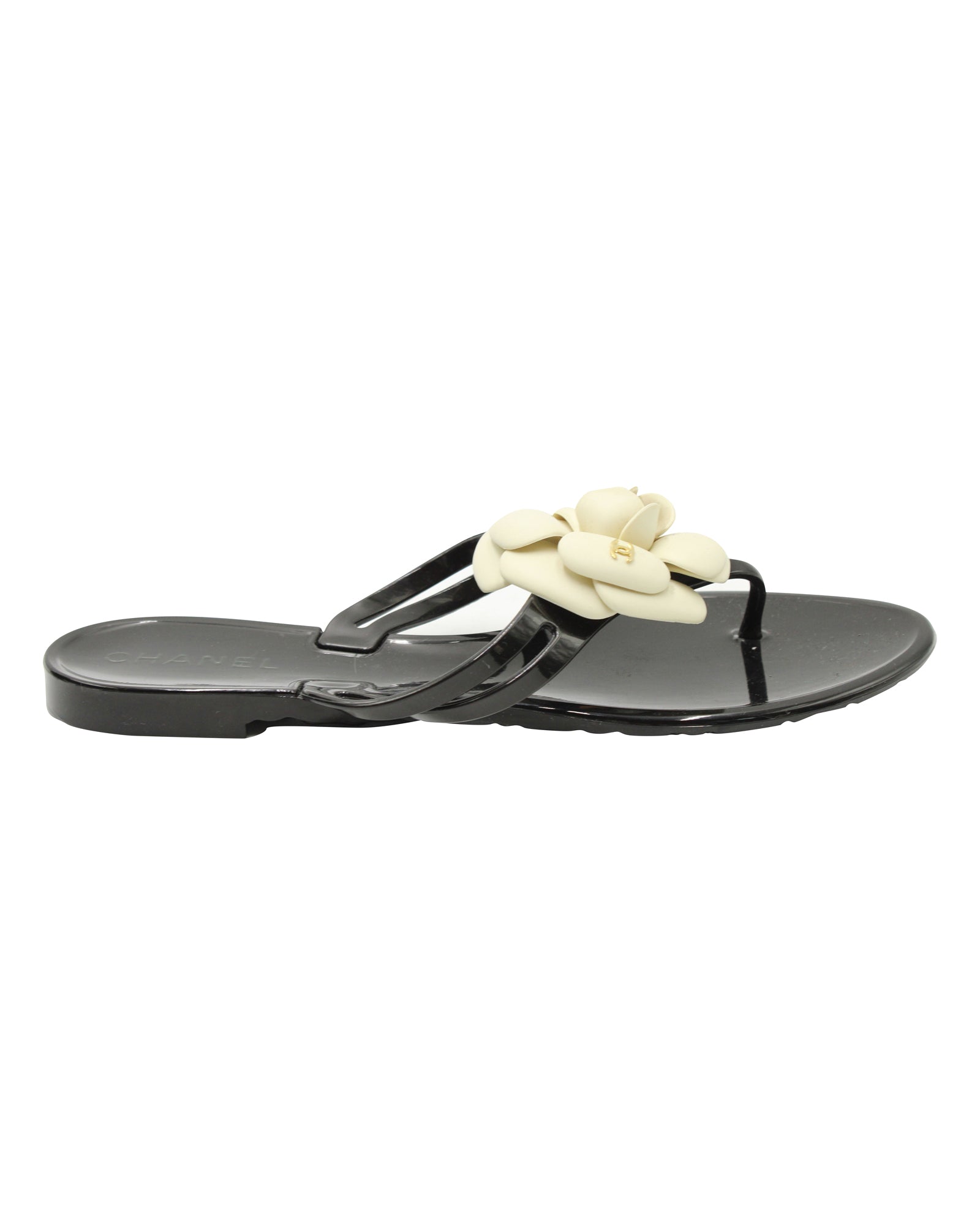 Women's Chanel Camelia Thong Slides in Black Jelly PVC