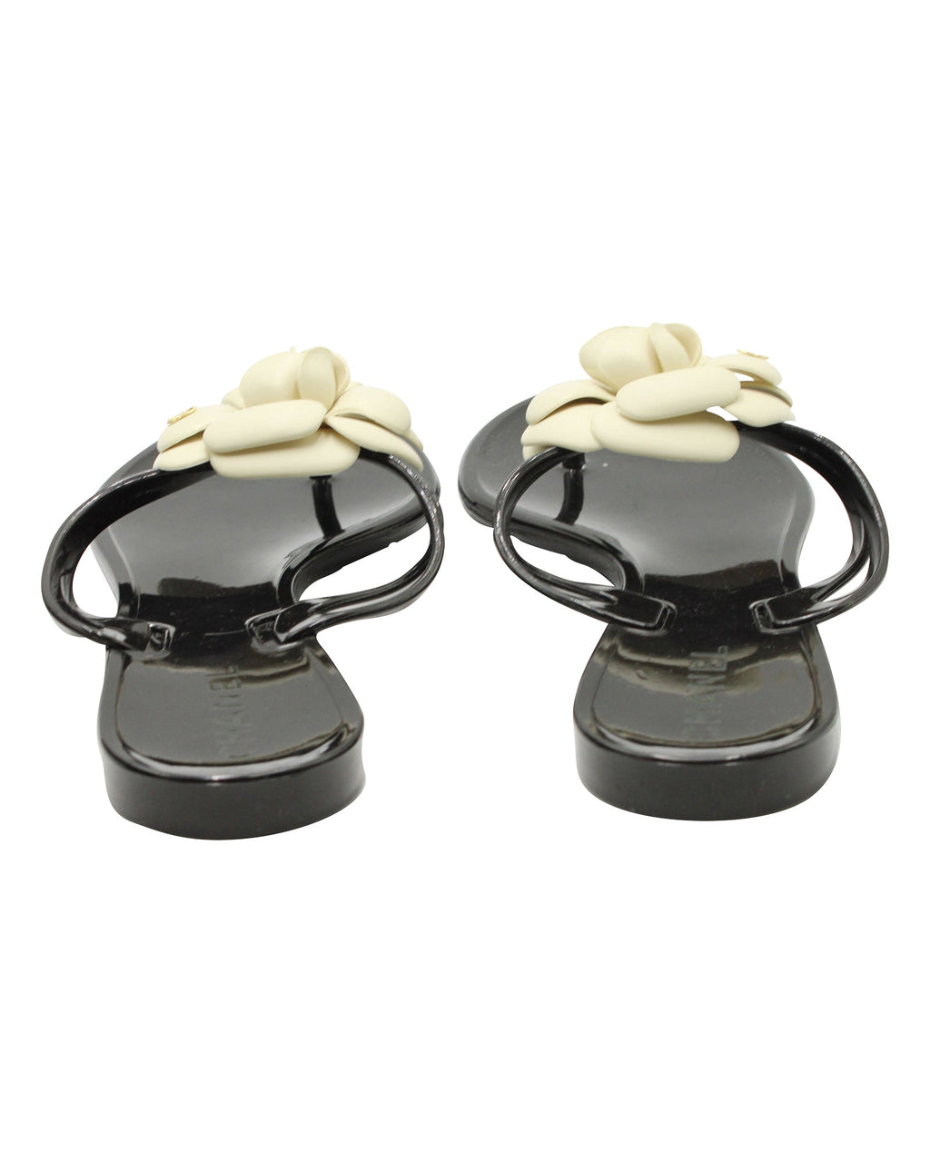 Women's Chanel Camelia Thong Slides in Black Jelly PVC