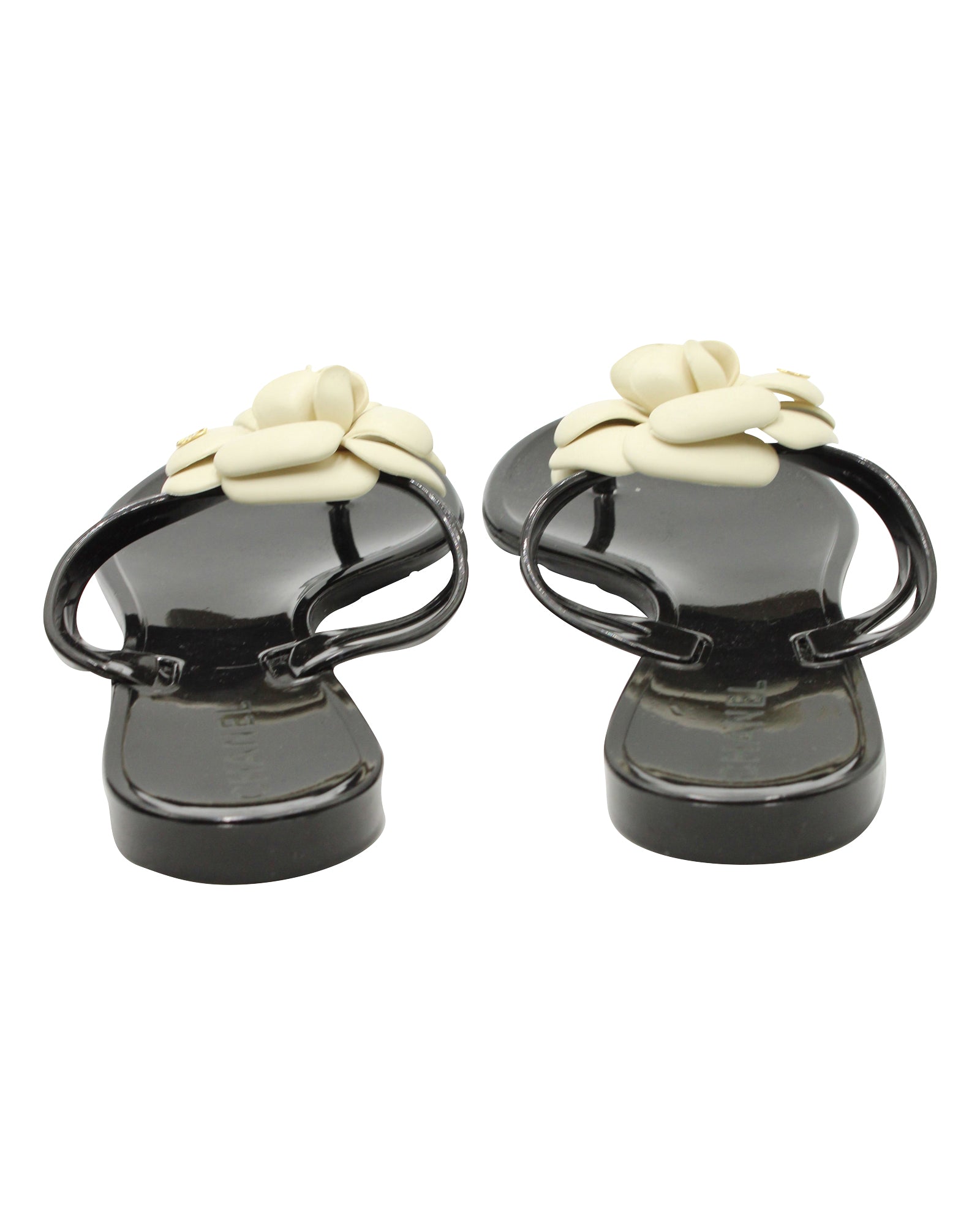 Women's Chanel Camelia Thong Slides in Black Jelly PVC