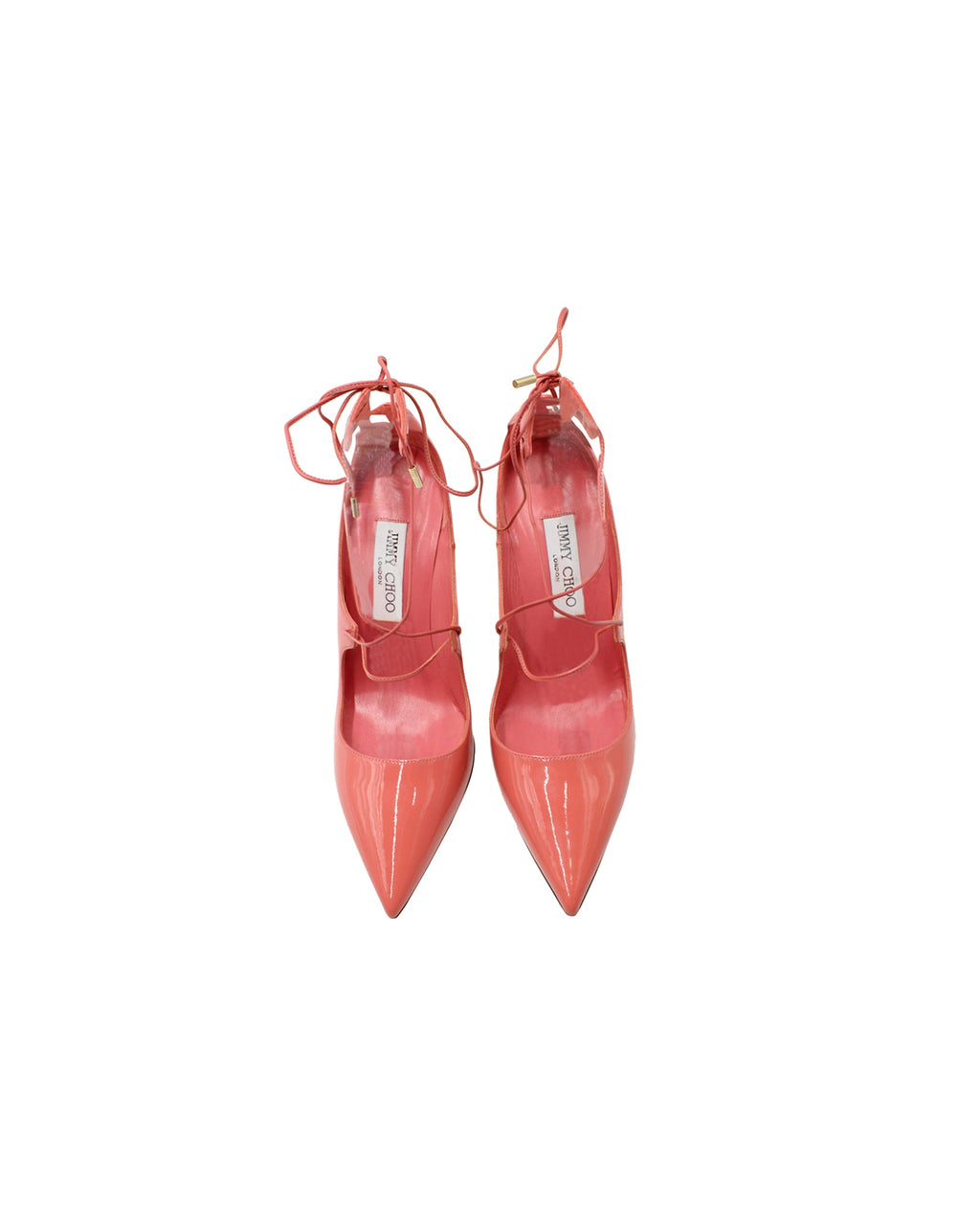Women's Jimmy Choo Vita 100 Lace Up Pumps in Patent Leather Coral Pink