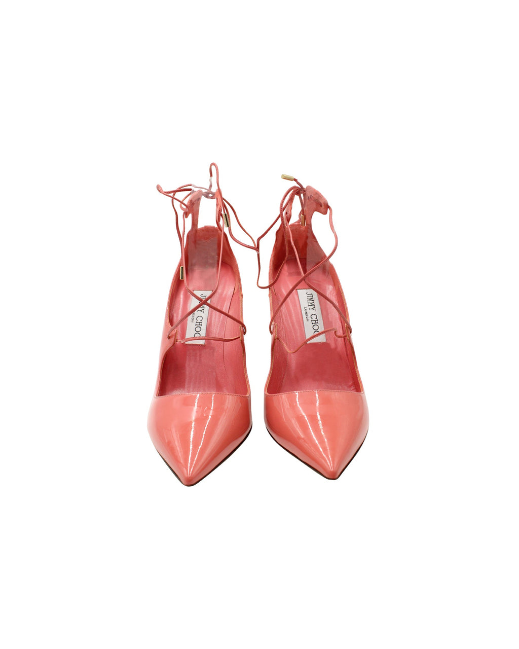 Women's Jimmy Choo Vita 100 Lace Up Pumps in Patent Leather Coral Pink