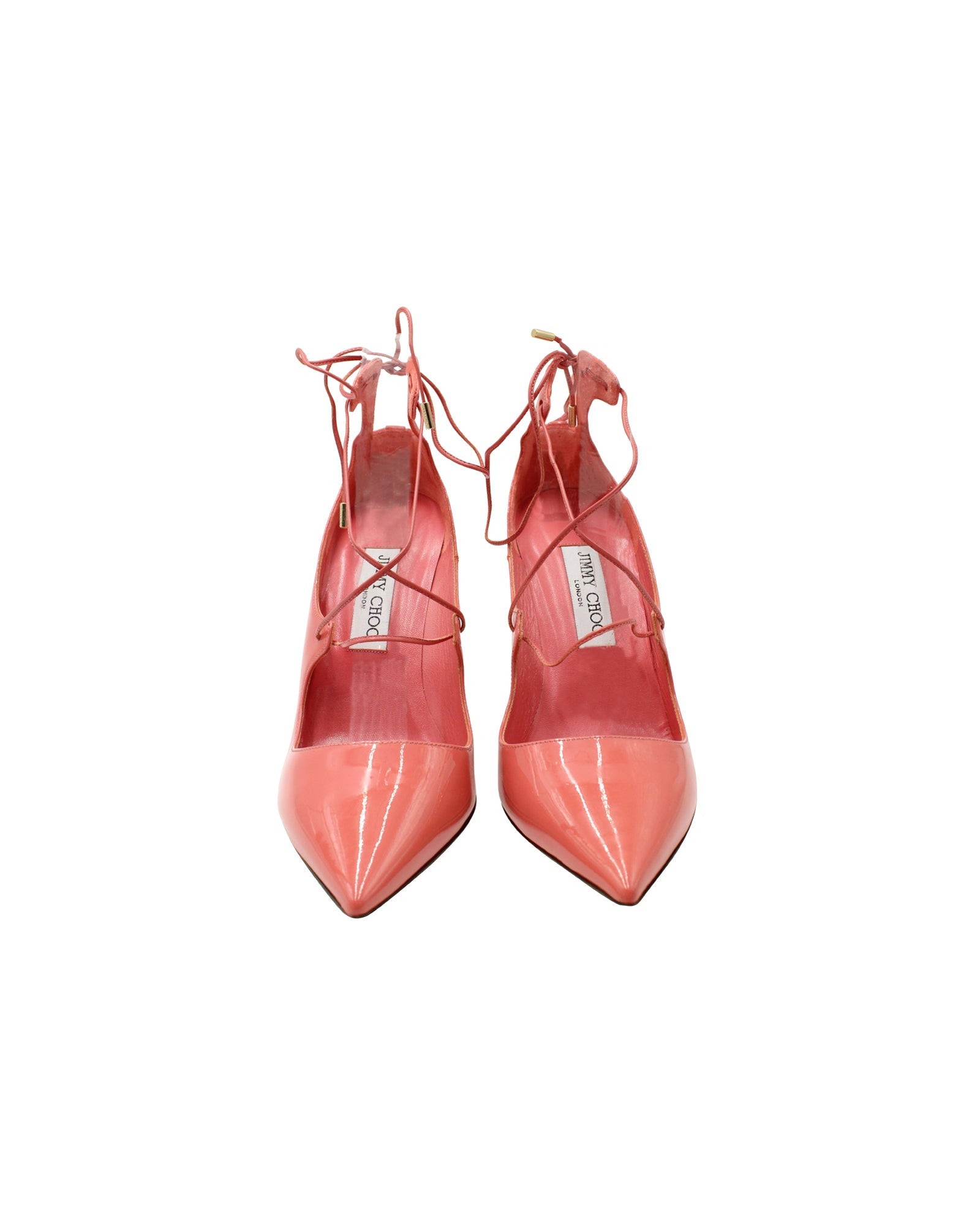 Women's Jimmy Choo Vita 100 Lace Up Pumps in Patent Leather Coral Pink