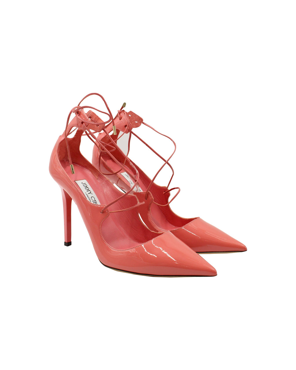 Women's Jimmy Choo Vita 100 Lace Up Pumps in Patent Leather Coral Pink