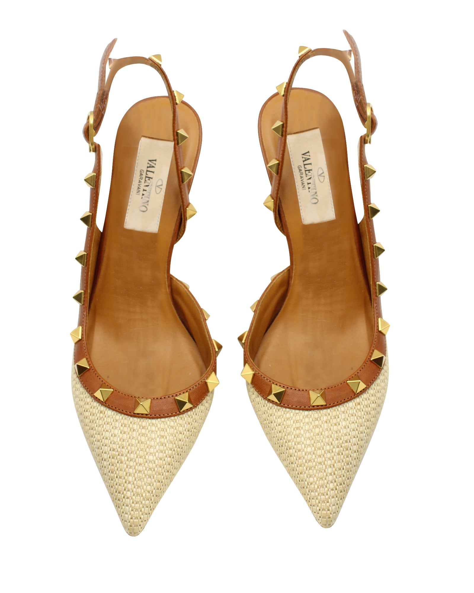 Women's Valentino Garavani Rockstud Leather Trimmed Slingback Heels in Beige Raffia