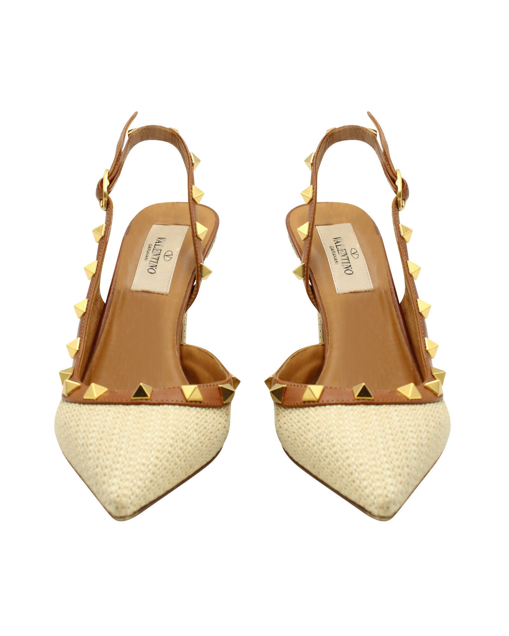 Women's Valentino Garavani Rockstud Leather Trimmed Slingback Heels in Beige Raffia