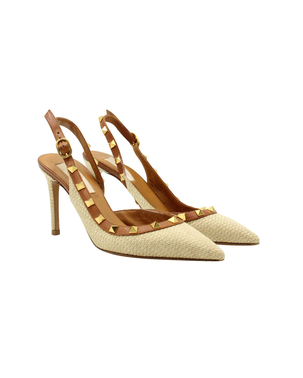 Women's Valentino Garavani Rockstud Leather Trimmed Slingback Heels in Beige Raffia