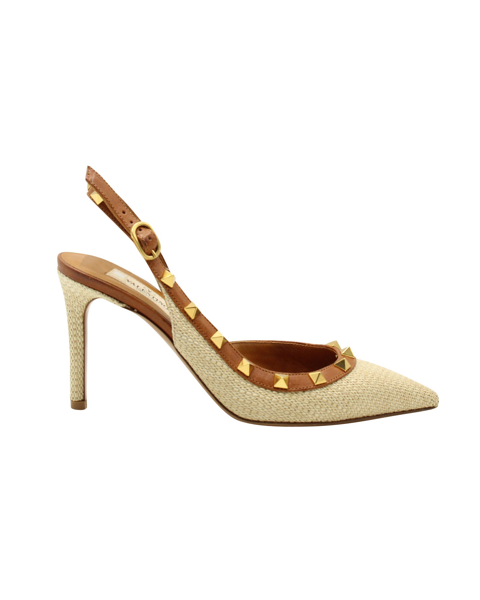 Women's Valentino Garavani Rockstud Leather Trimmed Slingback Heels in Beige Raffia