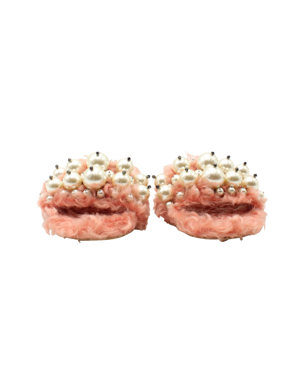 Women's Miu Miu Pearl Embellished Slides in Pink Faux Fur