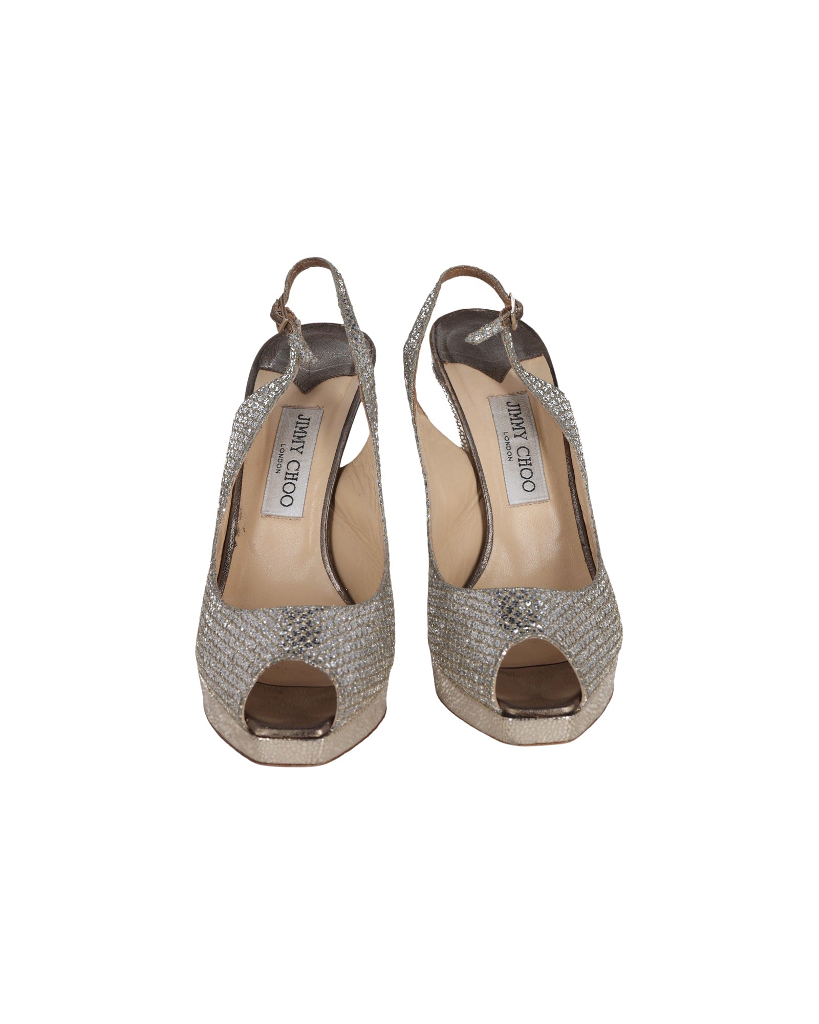 Women's Jimmy Choo Nova Peep Toe Slingback Sandals in Silver Glitter And Lurex Fabric