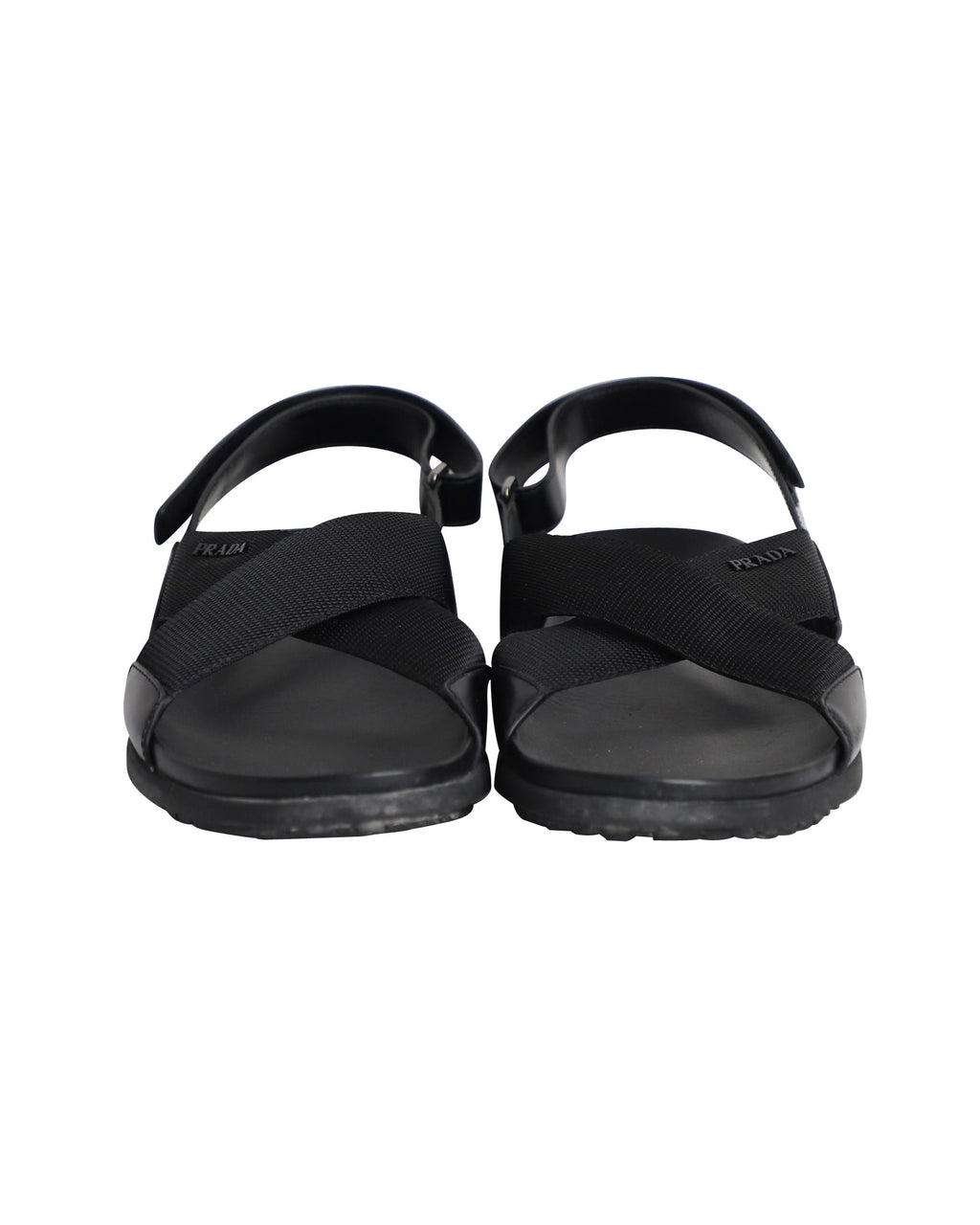Prada Logo Strap Crisscross Sandals in Black Leather