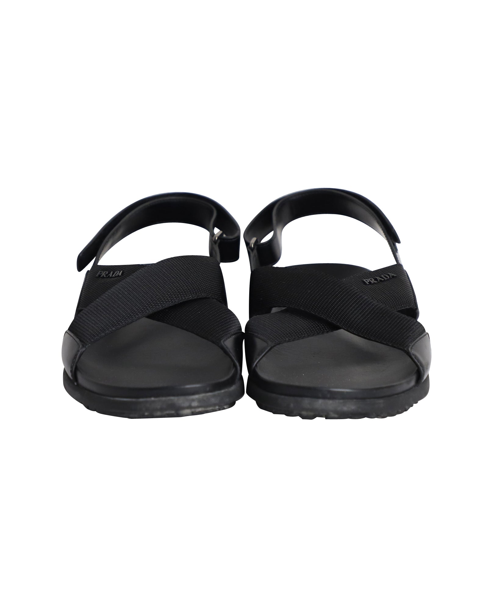 Prada Logo Strap Crisscross Sandals in Black Leather