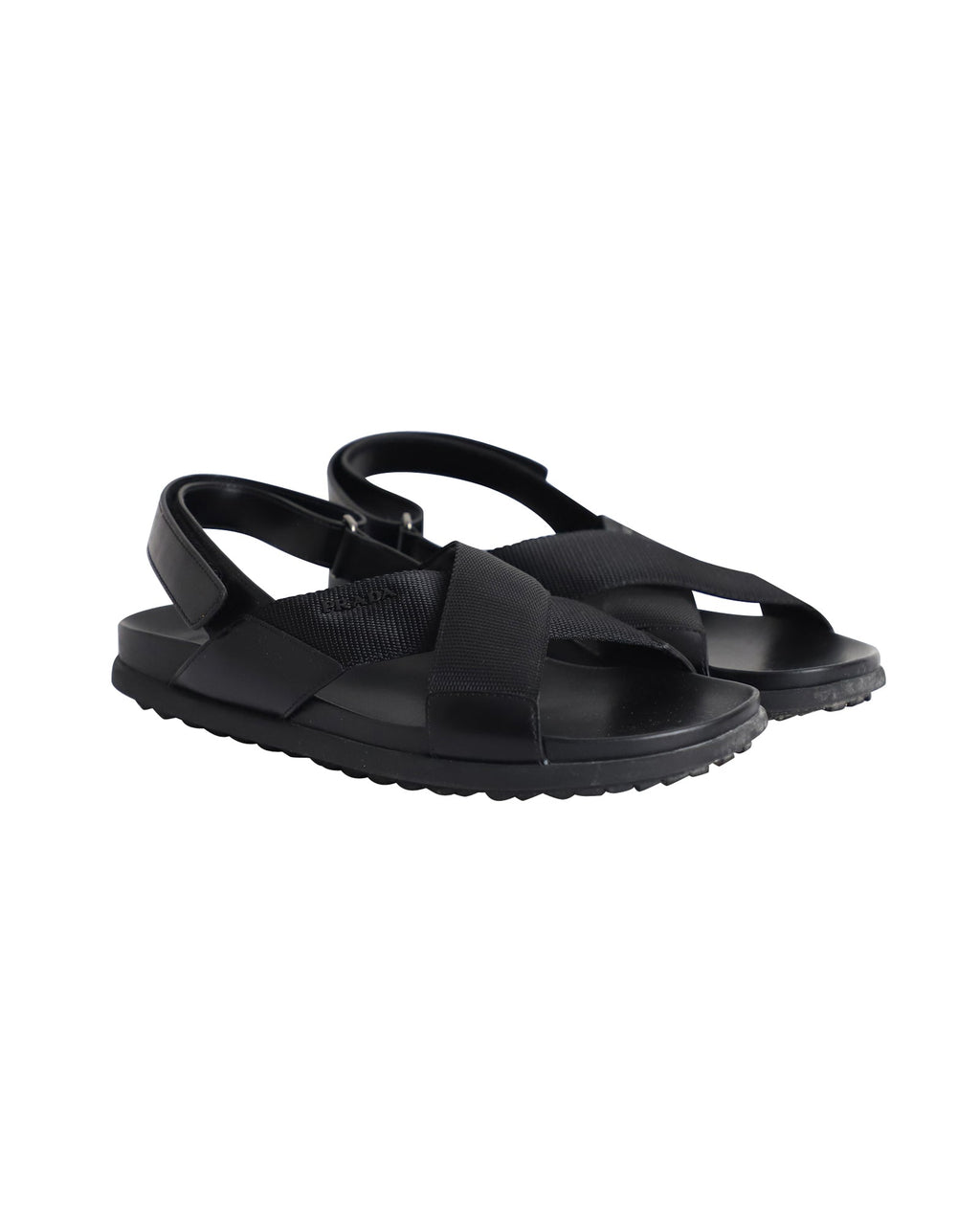 Prada Logo Strap Crisscross Sandals in Black Leather